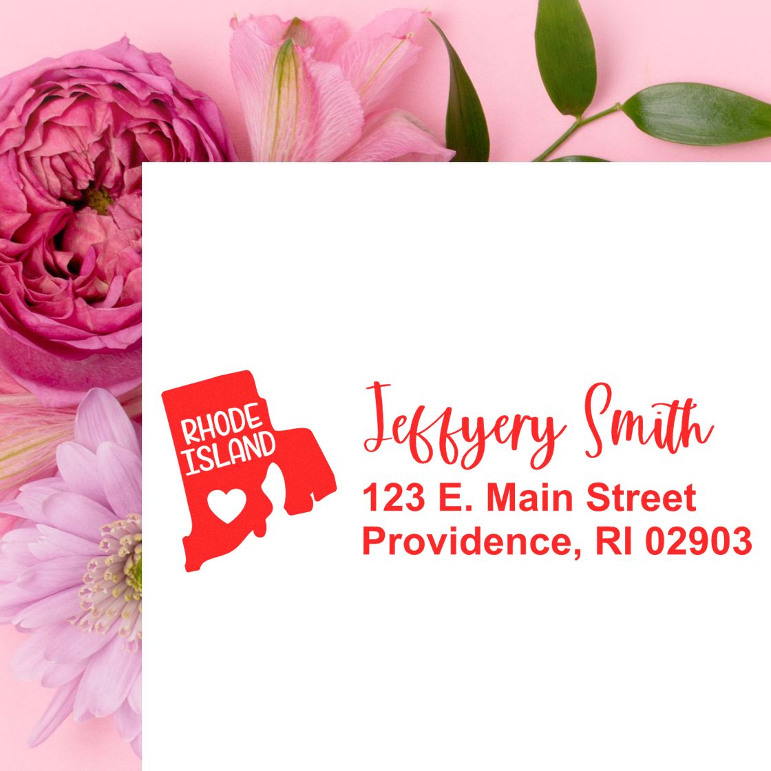 Personalized Rhode Island return address rubber stamp with floral design, featuring Jeffery Smith and Providence, RI.
