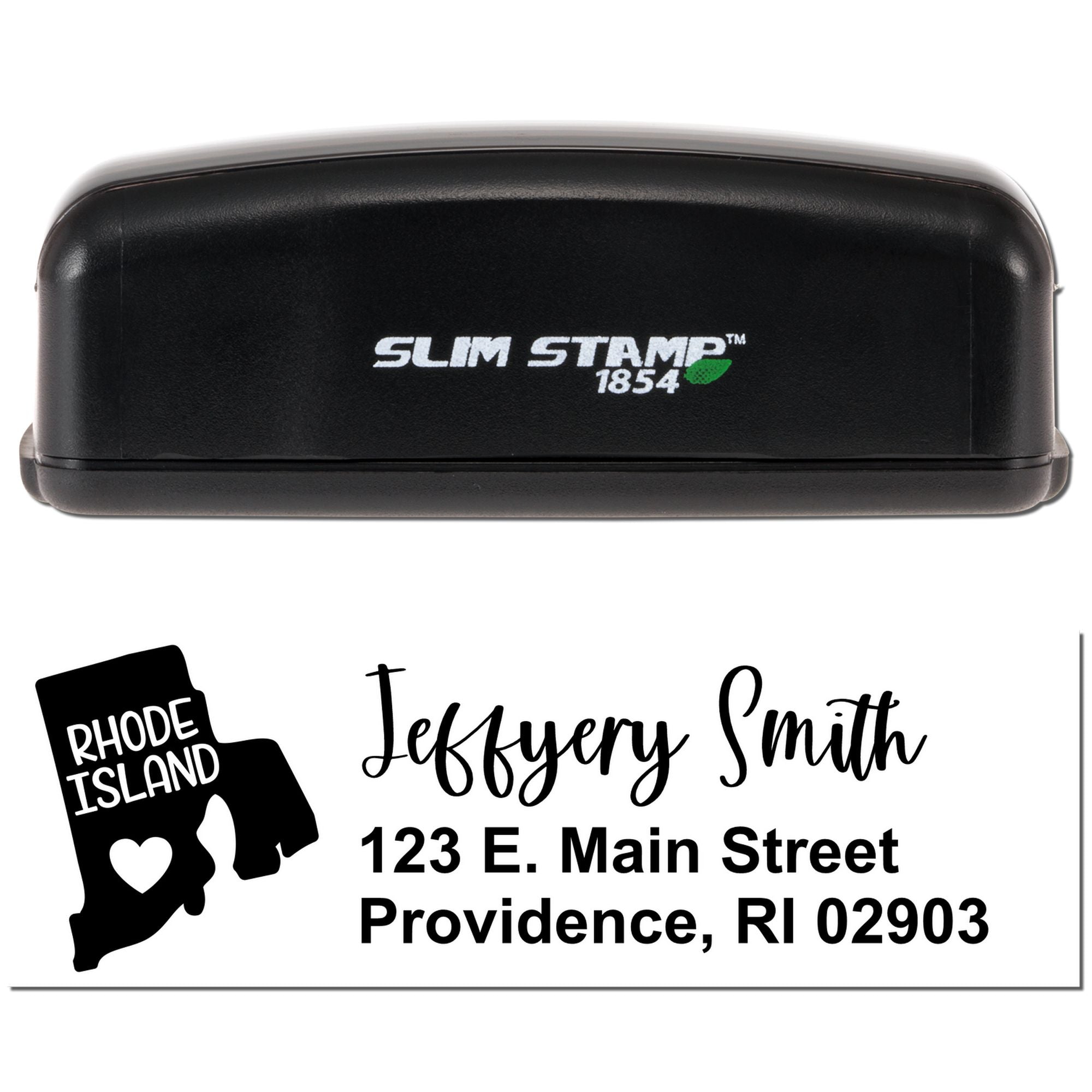 Slim Stamp 1854 custom address rubber stamp with Rhode Island icon and Jeffrey Smith, Providence, RI return address.