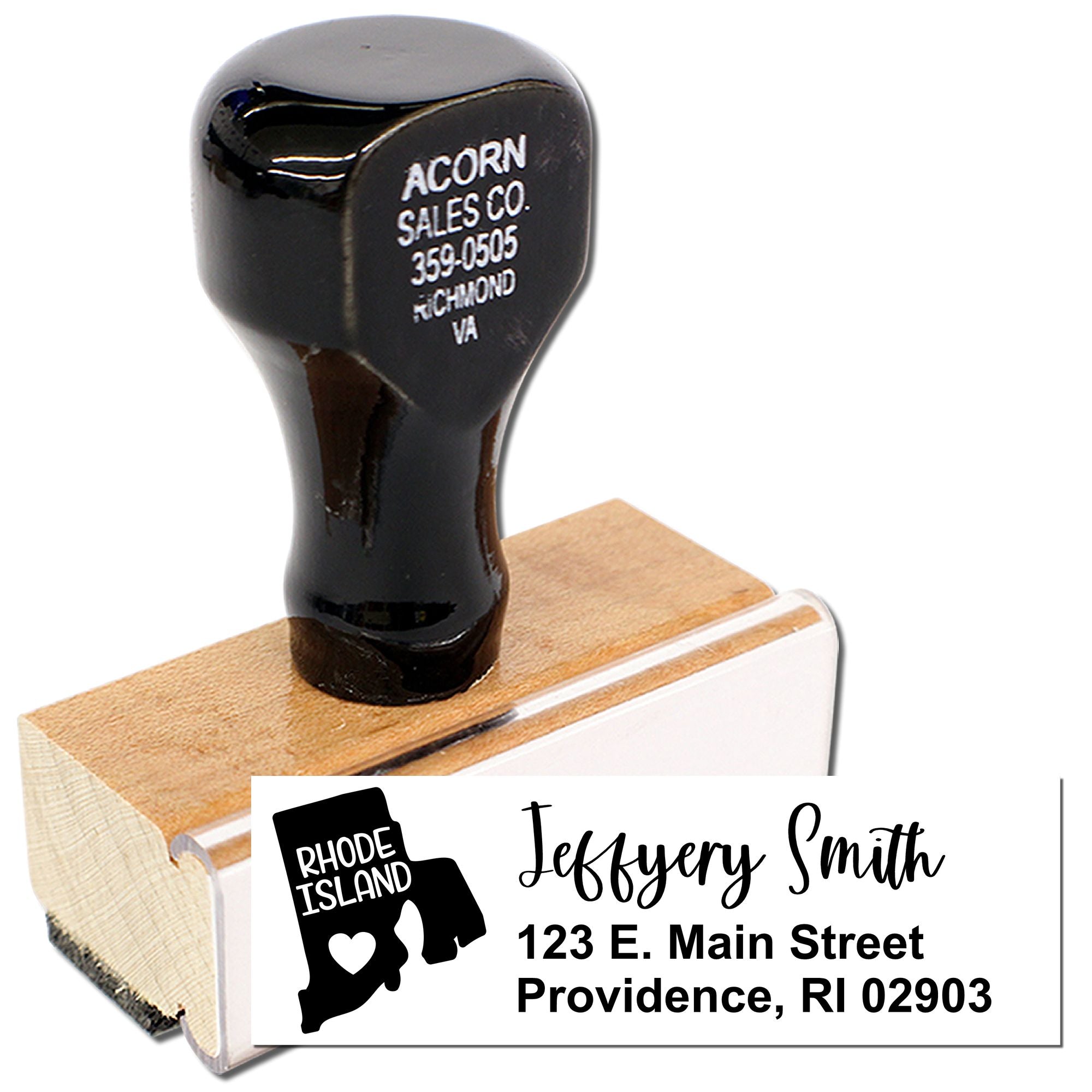 Custom rubber return address stamp with Rhode Island logo, name, and Providence, RI address.