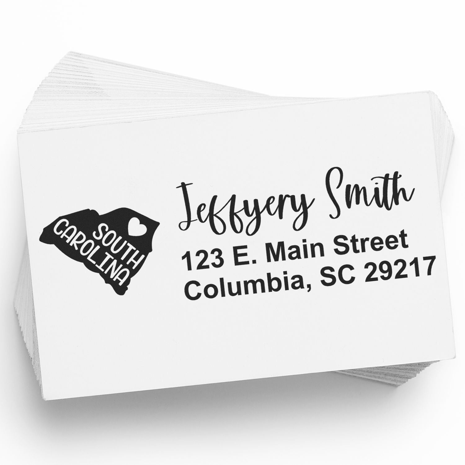 Custom rubber return address stamp with South Carolina design, Jeffery Smith name, and Columbia, SC mailing address.