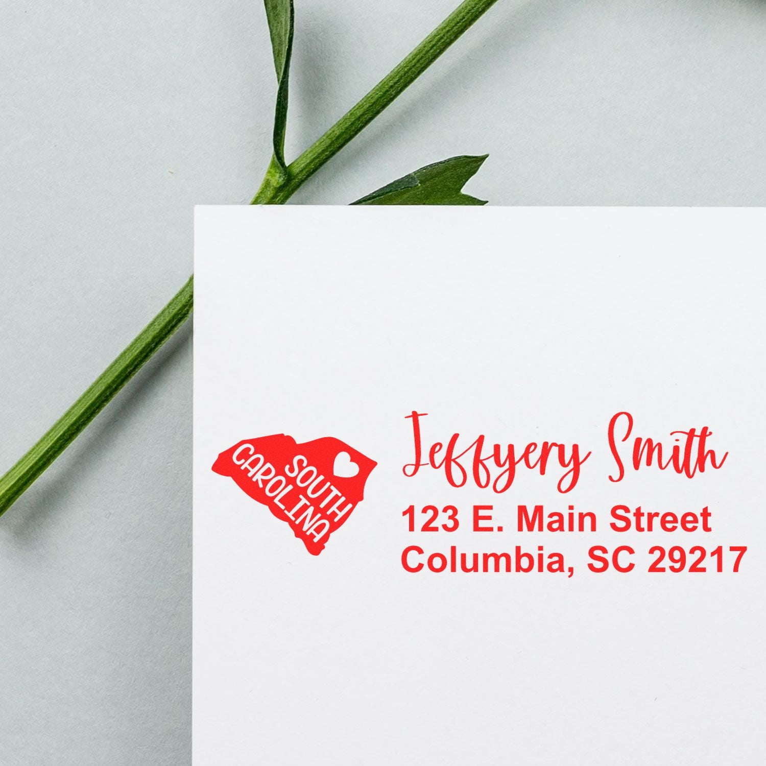 Custom return address rubber stamp with South Carolina state design for Jeffrey Smith, Columbia, SC 29217.