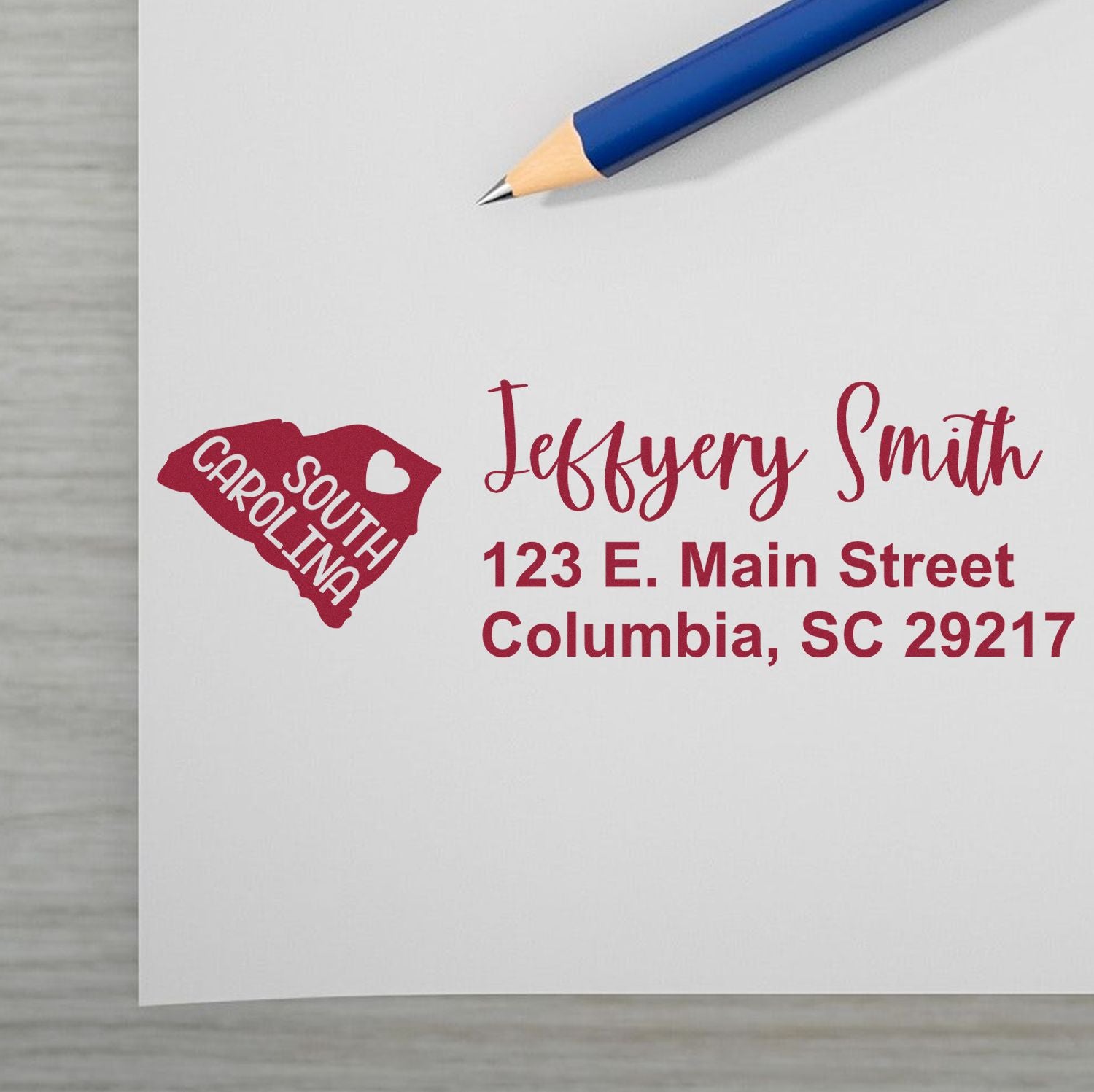 Custom South Carolina return address rubber stamp with name and mailing address for personalized envelopes.
