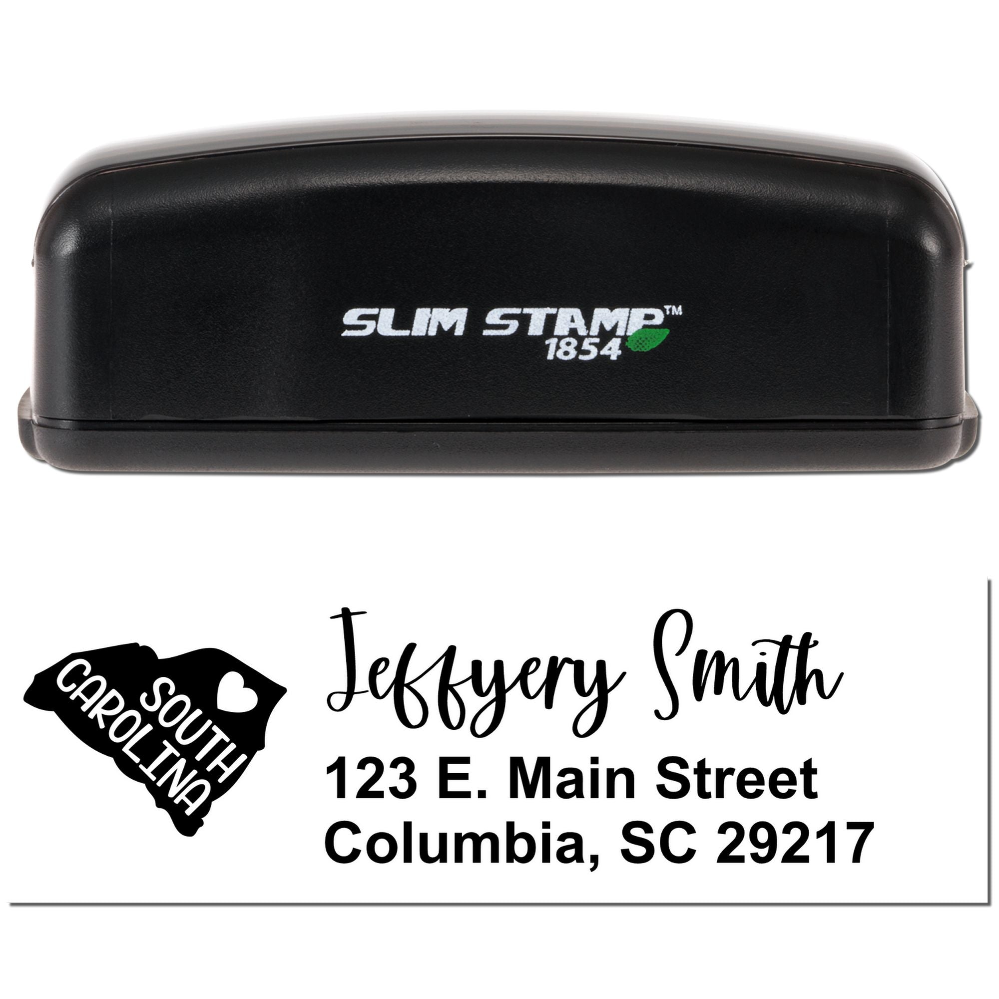 Personalized slim self-inking address rubber stamp with South Carolina logo for Jeffrey Smith, Columbia, SC 29217.