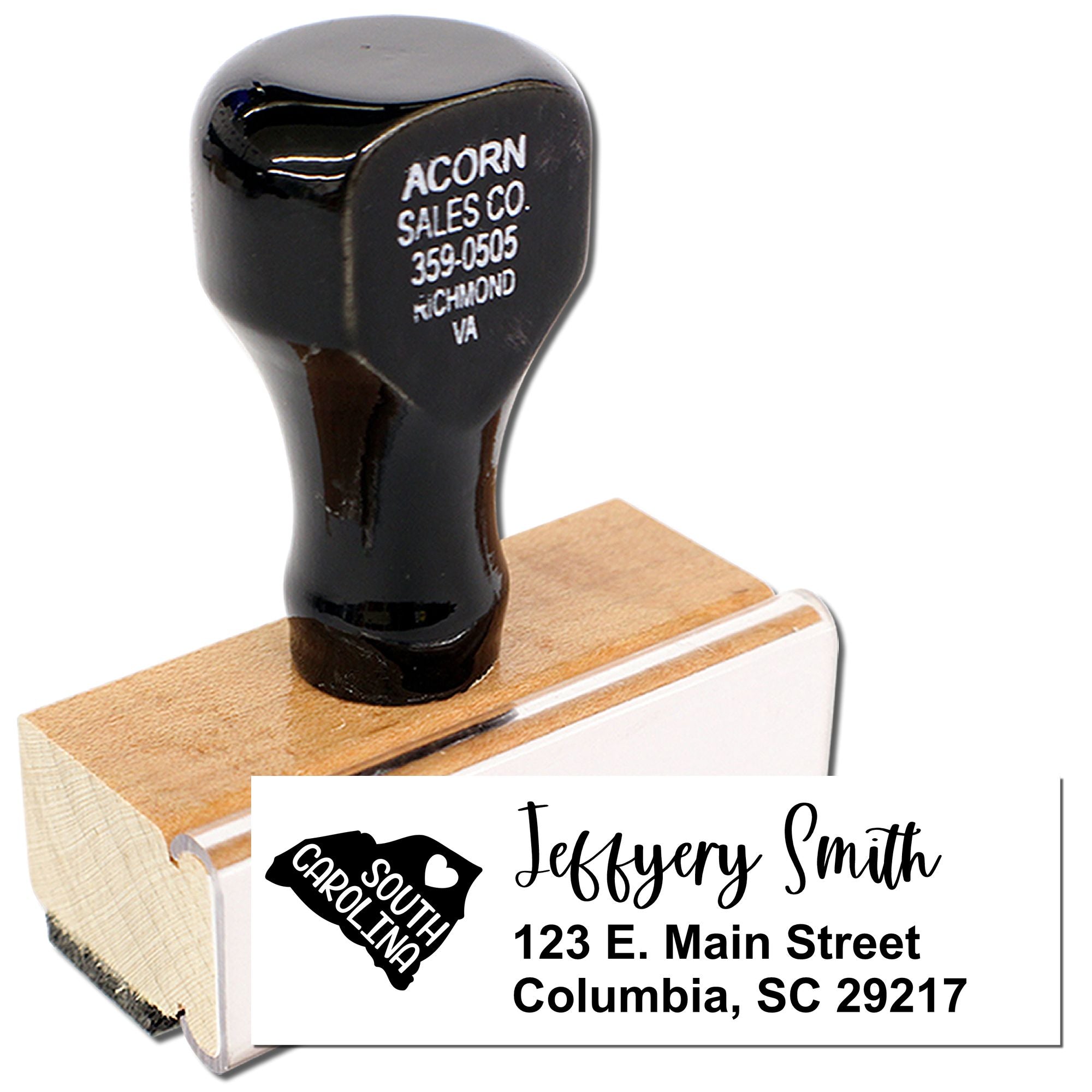 Custom return address rubber stamp with South Carolina logo, Jeffery Smith name, and Columbia, SC address.