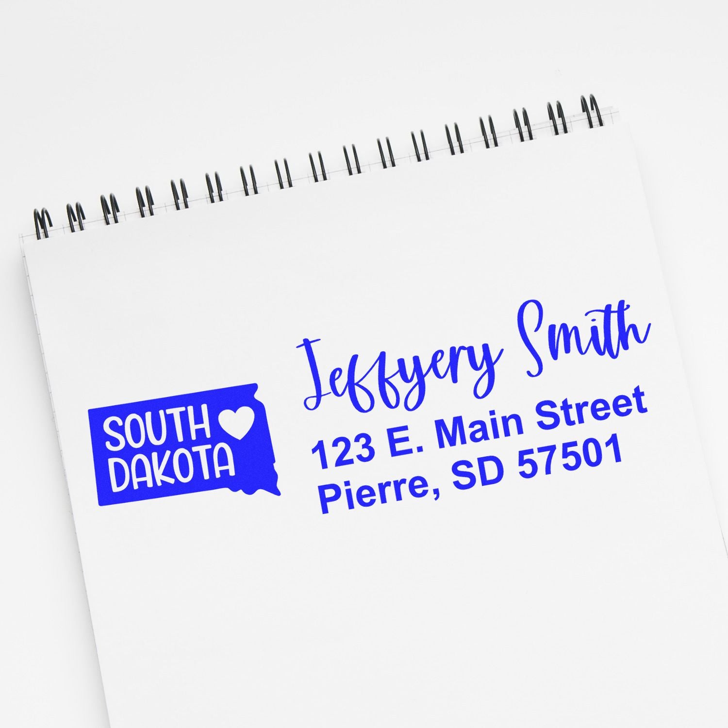 Personalized South Dakota return address rubber stamp with Jeffery Smith, 123 E. Main Street, Pierre, SD 57501