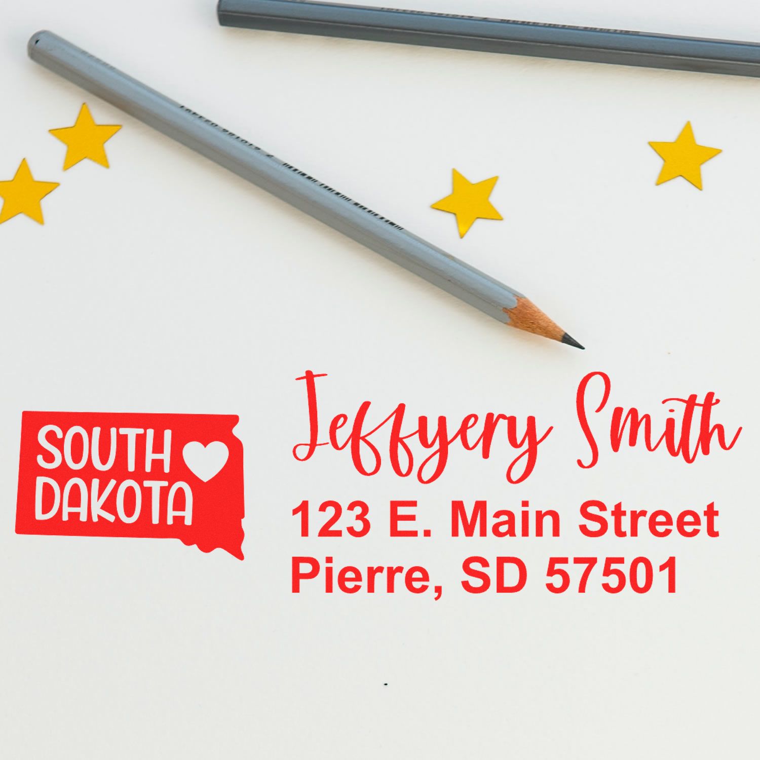Custom South Dakota return address rubber stamp with name, street address and city for mailing and business correspondence