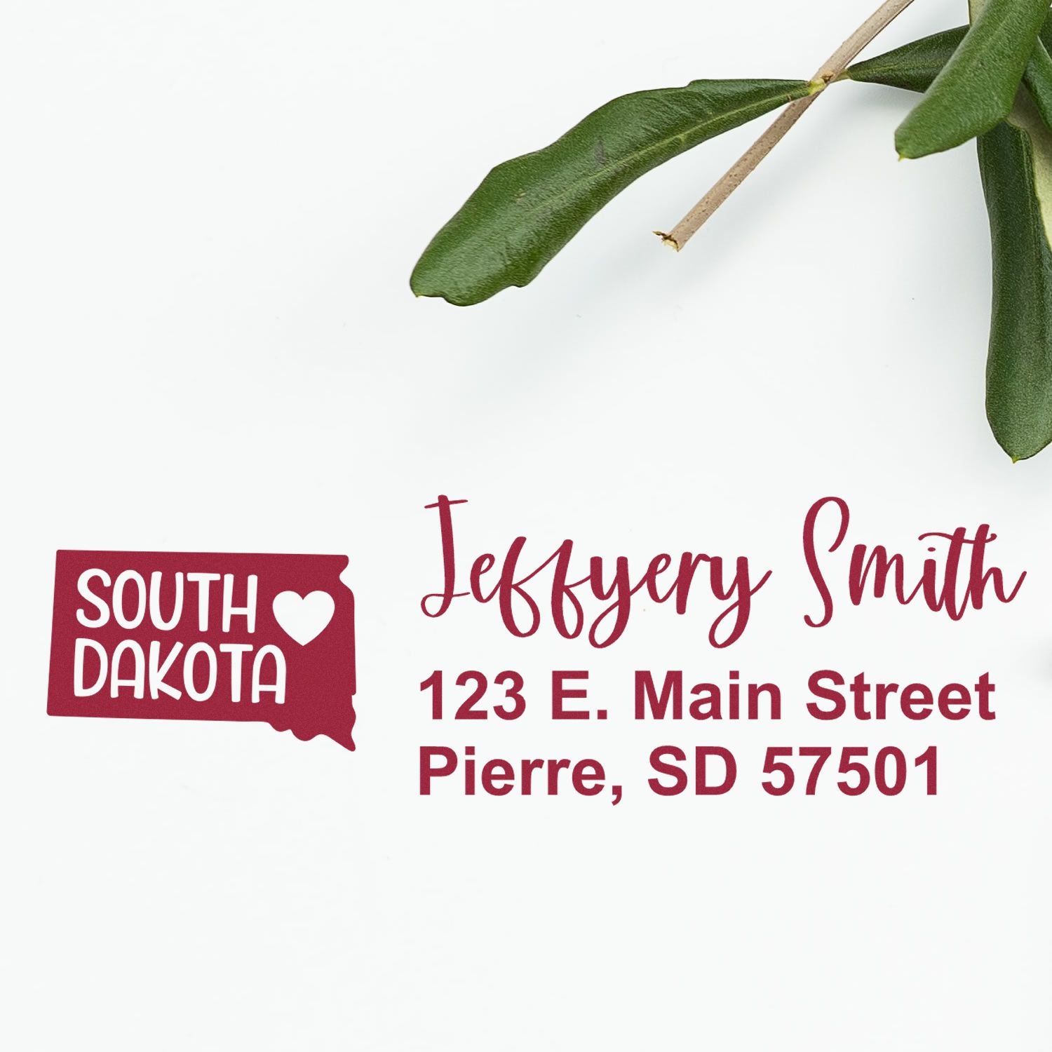 Custom South Dakota return address rubber stamp with Jeffrey Smith name, Pierre SD 57501, and state outline design.