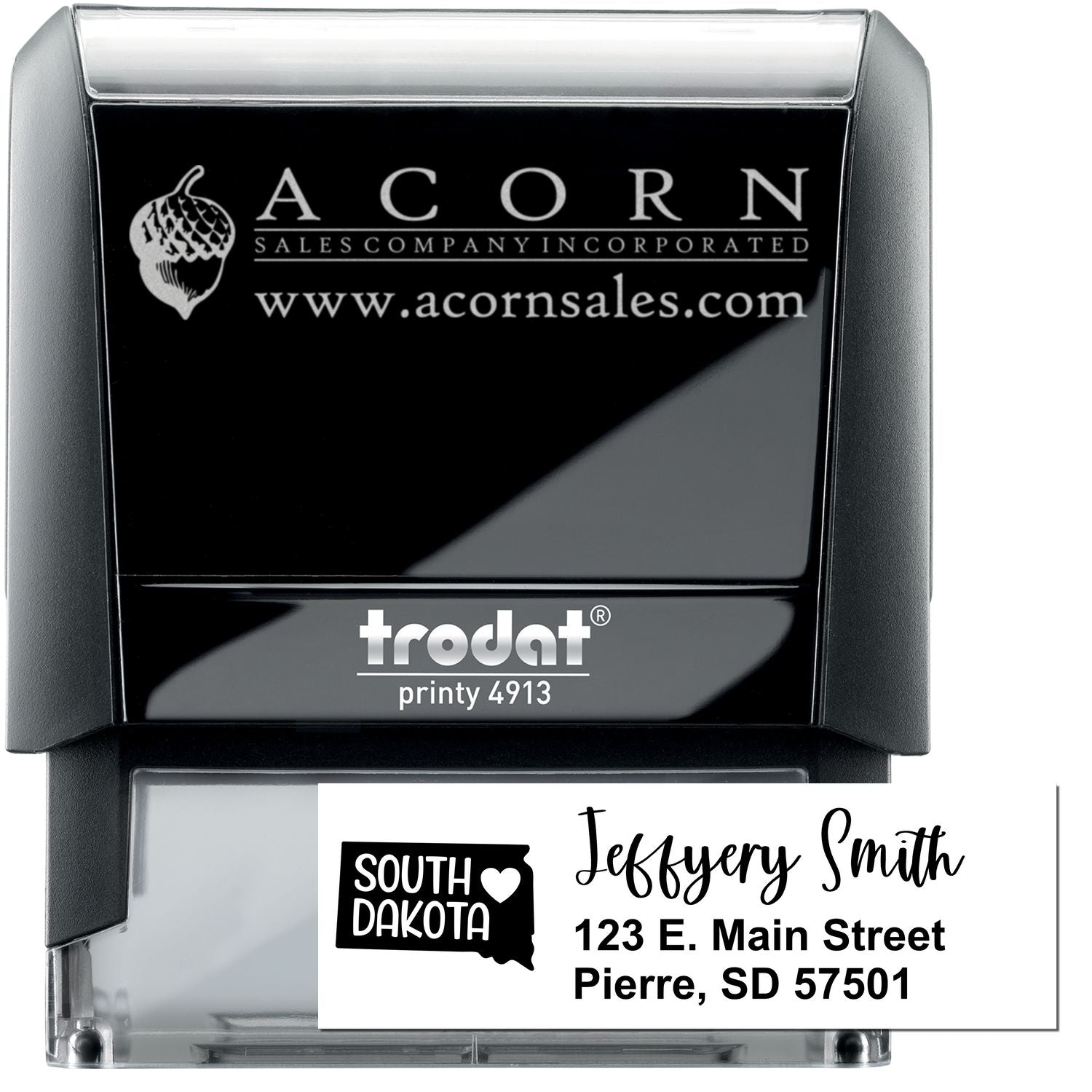 Custom self-inking rubber stamp with business logo and personalized return address, ideal for branding and mailing.