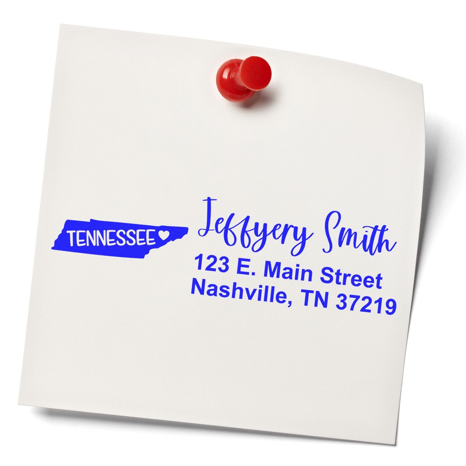 Personalized Tennessee address rubber stamp with name and Nashville, TN 37219 mailing address.