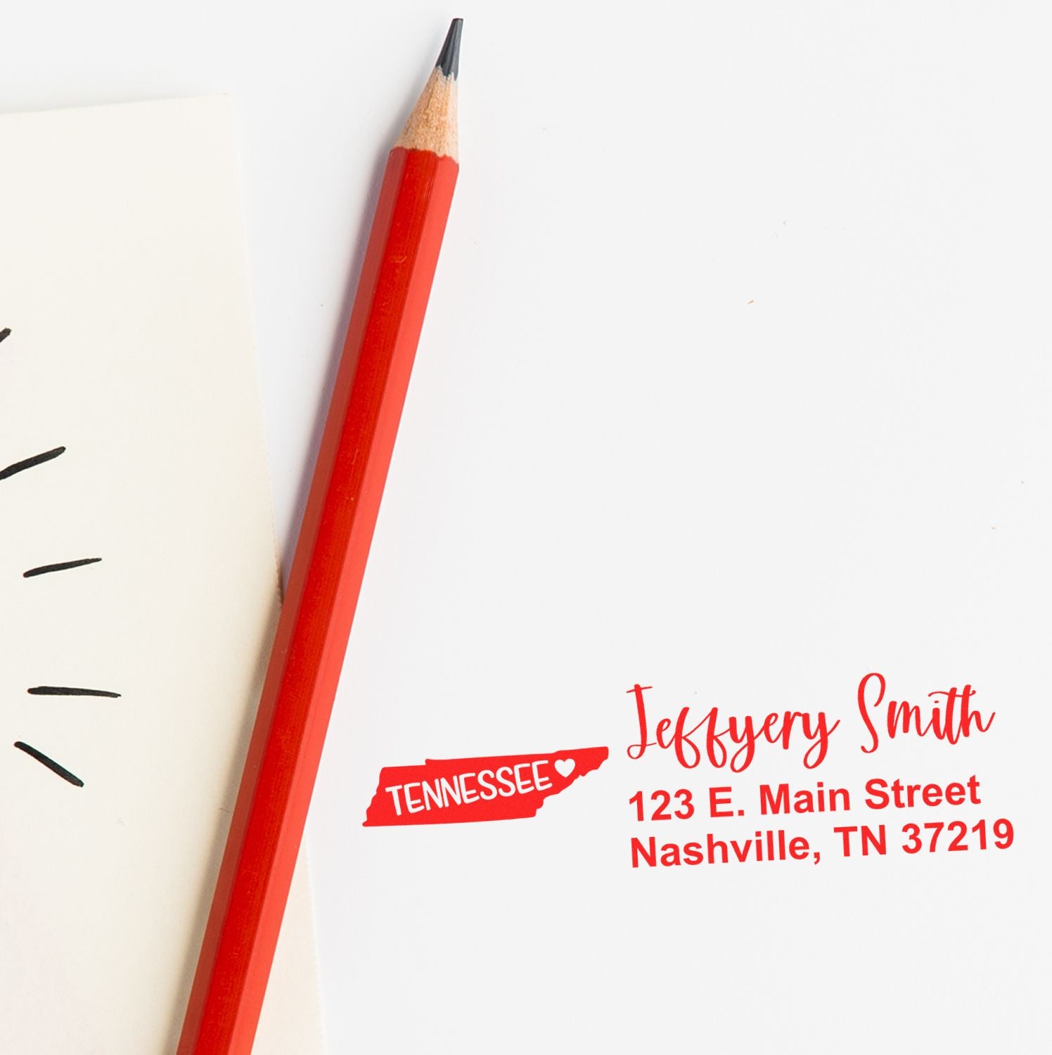 Custom return address rubber stamp with Tennessee state icon, Jeffrey Smith, and Nashville, TN mailing address.
