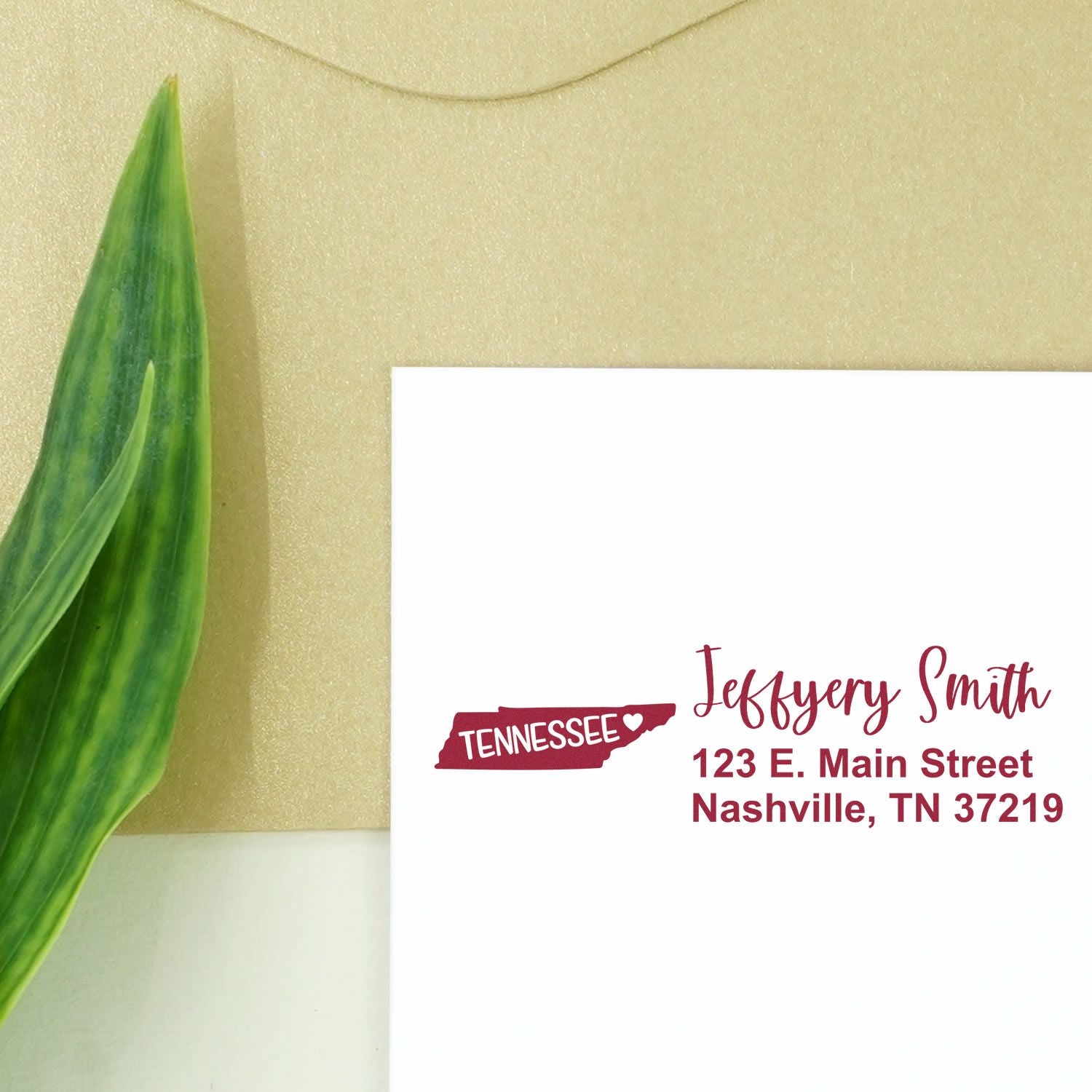 Custom Tennessee address rubber stamp with state outline, name, and Nashville, TN return address for envelopes
