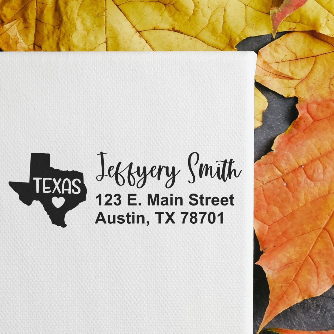 Custom Texas return address rubber stamp with state silhouette, name, street address, and Austin, TX ZIP.