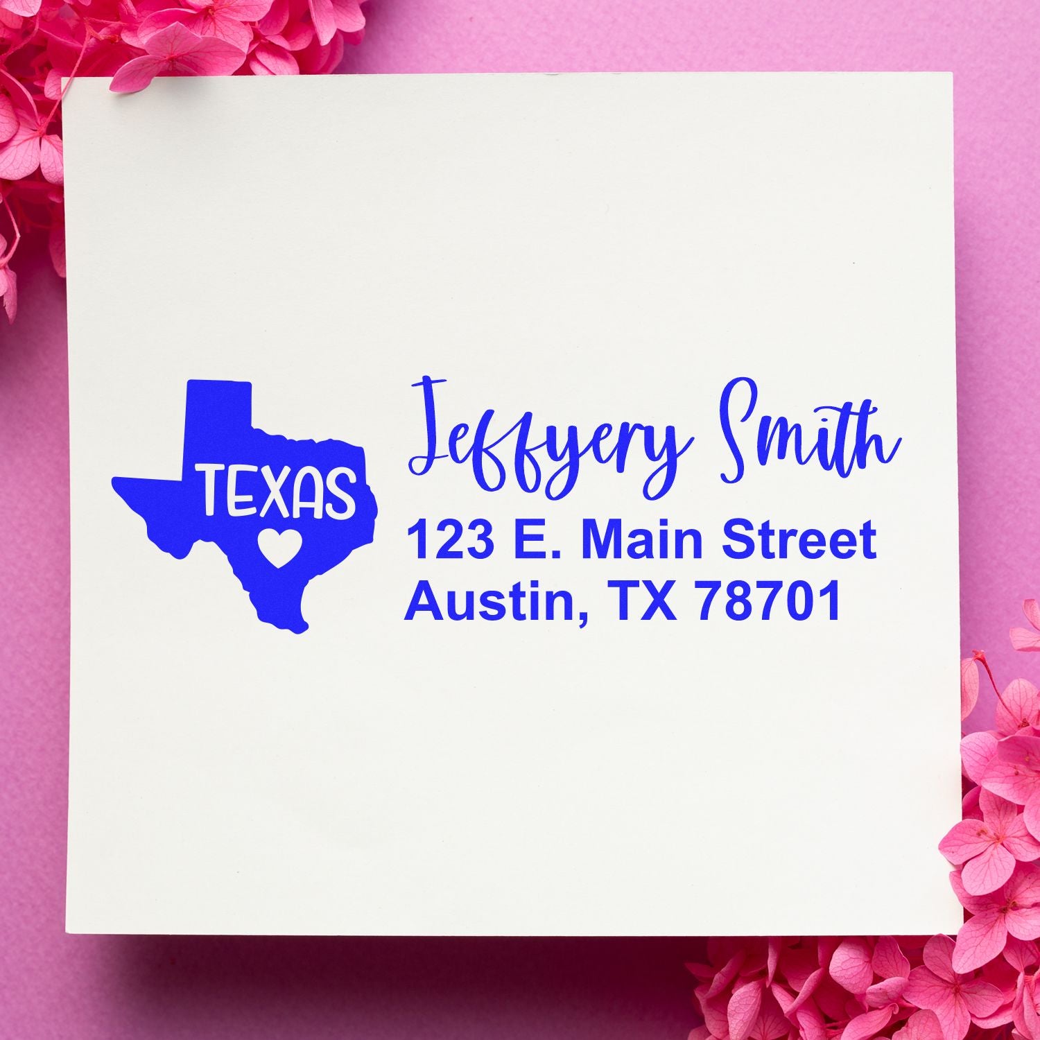 Custom Texas return address rubber stamp with name, Austin TX address, and ZIP code for personalized mailing.