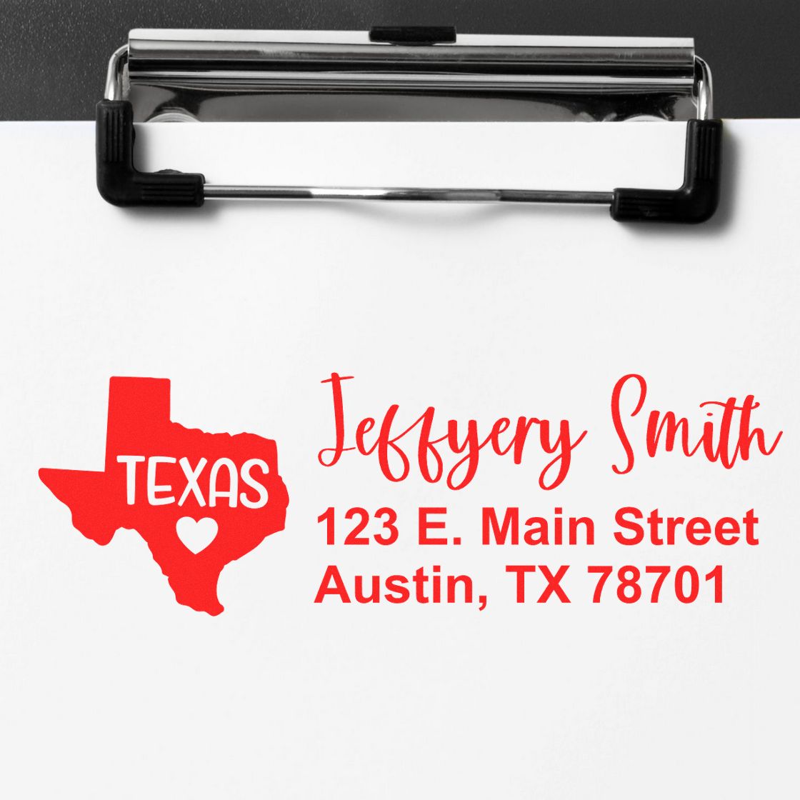 Custom Texas return address rubber stamp for mailing envelopes, featuring name, street, and Austin, TX address.