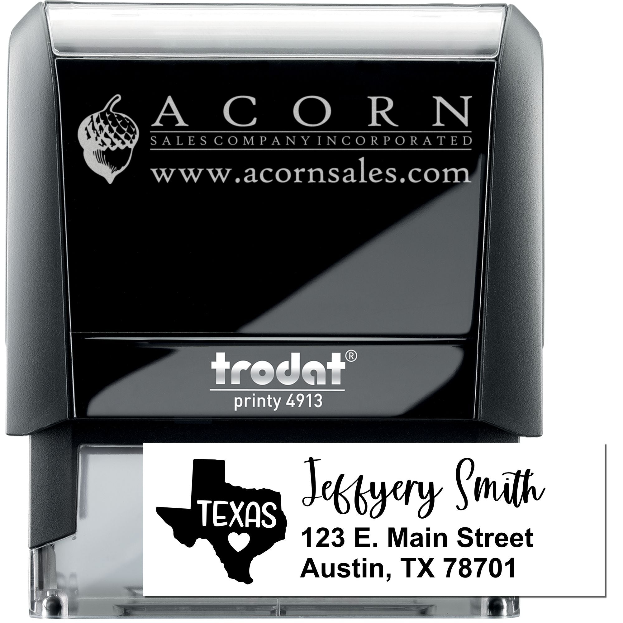 Custom self-inking address stamp, Trodat Printy 4913, with Texas logo for Jeffrey Smith and Acorn Sales Company.