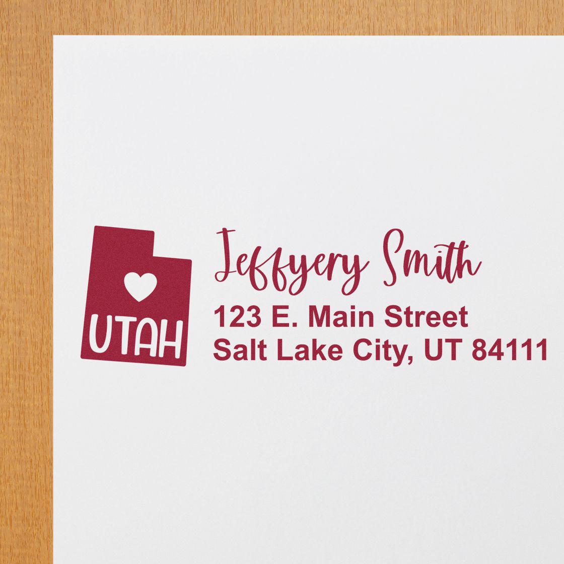 Custom Utah address rubber stamp with name and Salt Lake City mailing address for envelopes and business mail.