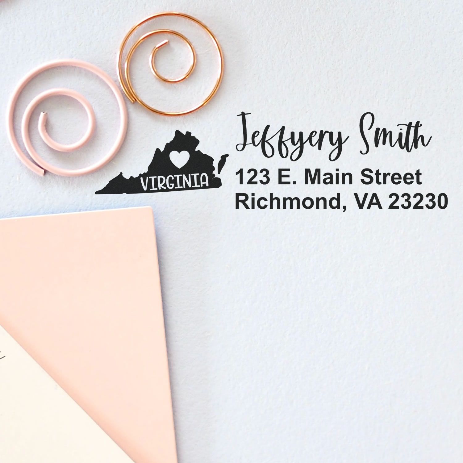 Personalized Virginia return address rubber stamp with name and mailing address for envelopes and stationery.