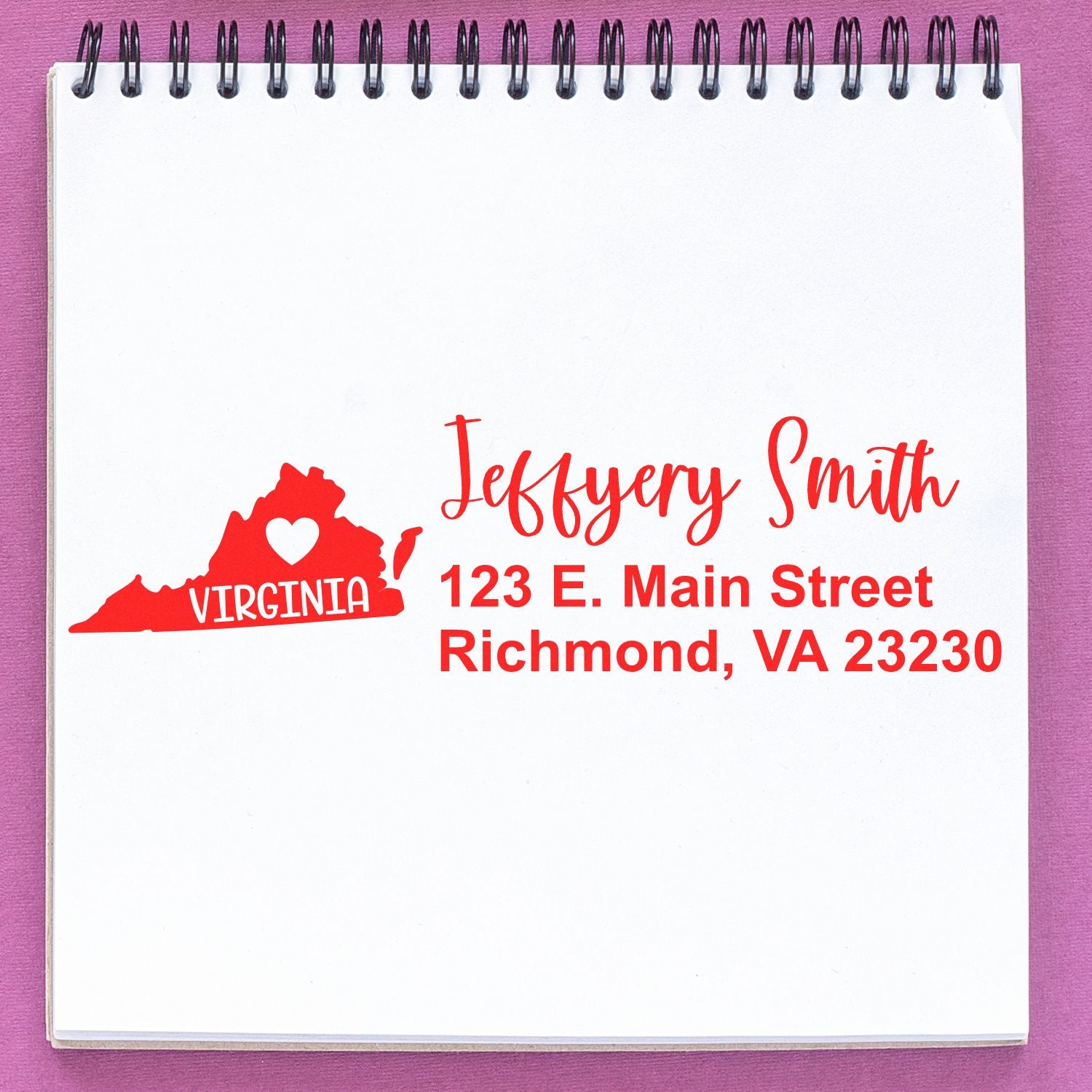 Custom Virginia return address rubber stamp with name and Richmond, VA address for personal mail and stationery.