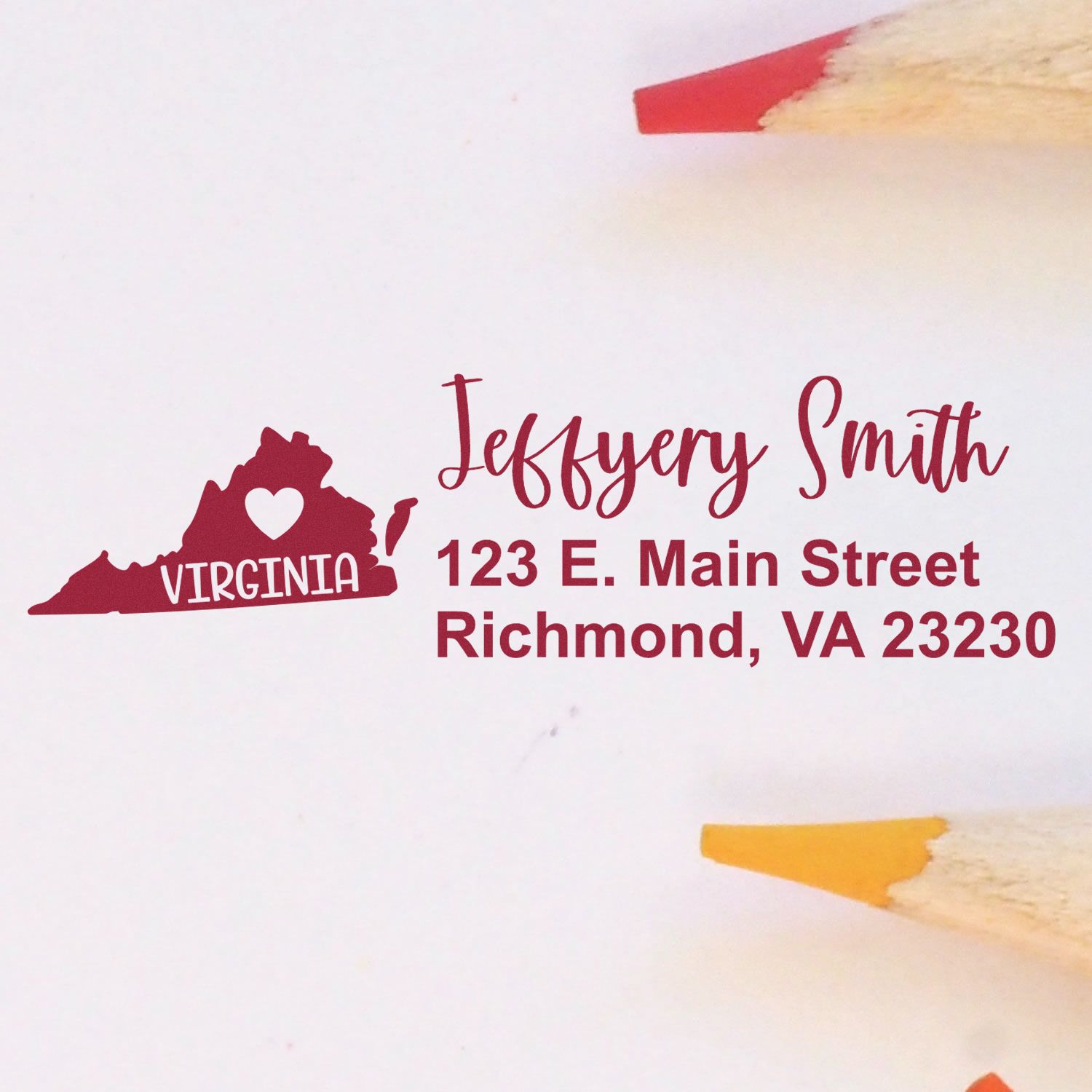 Custom Virginia return address rubber stamp with name Jeffrey Smith and Richmond, VA 23230 address.