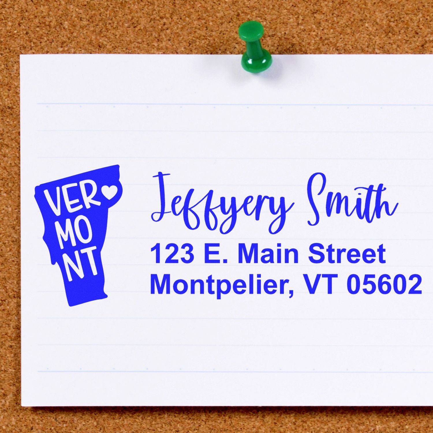 Custom Vermont address rubber stamp with name and mailing address for personalized envelope labeling.