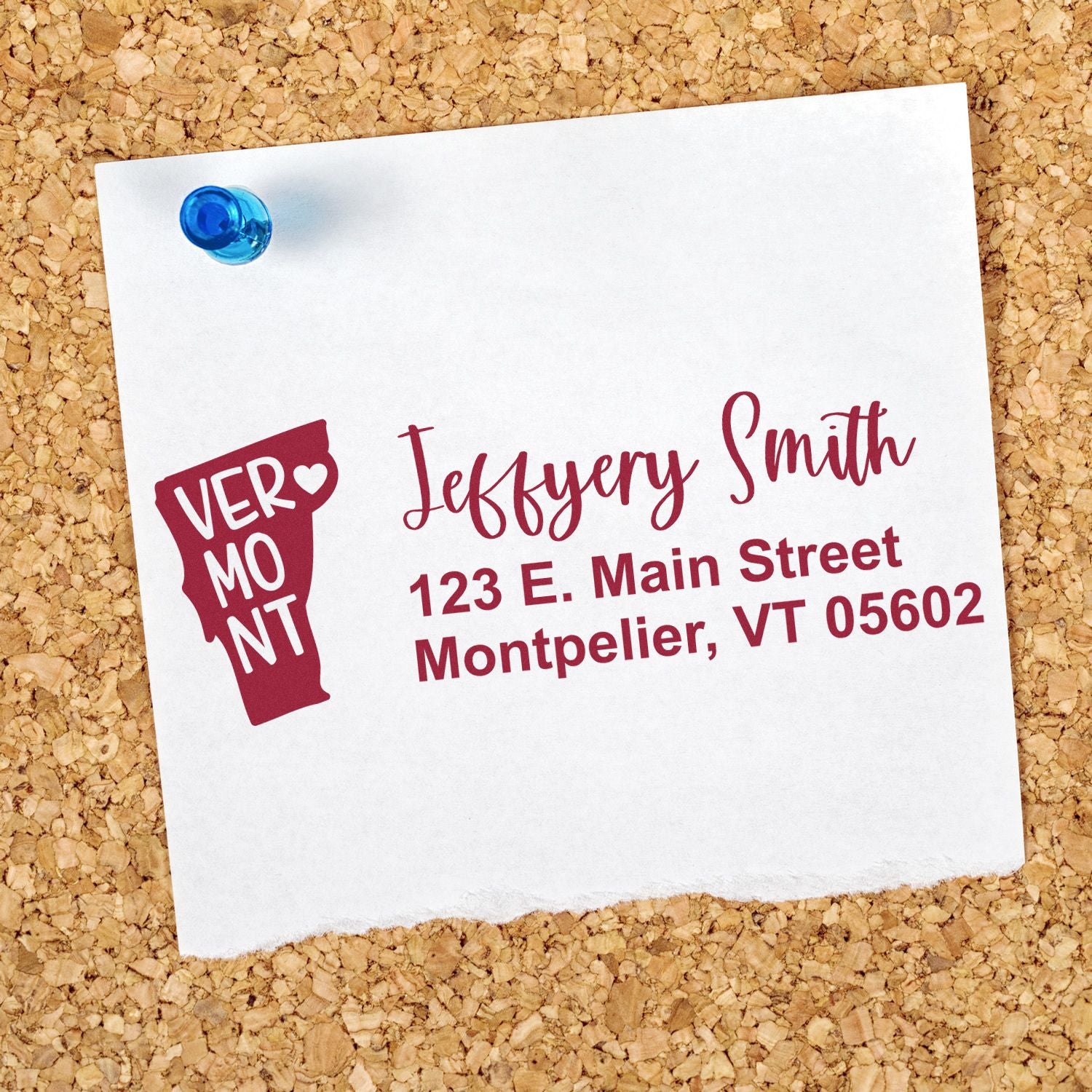 Custom Vermont address rubber stamp for Jeffery Smith, 123 E. Main Street, Montpelier, VT 05602.