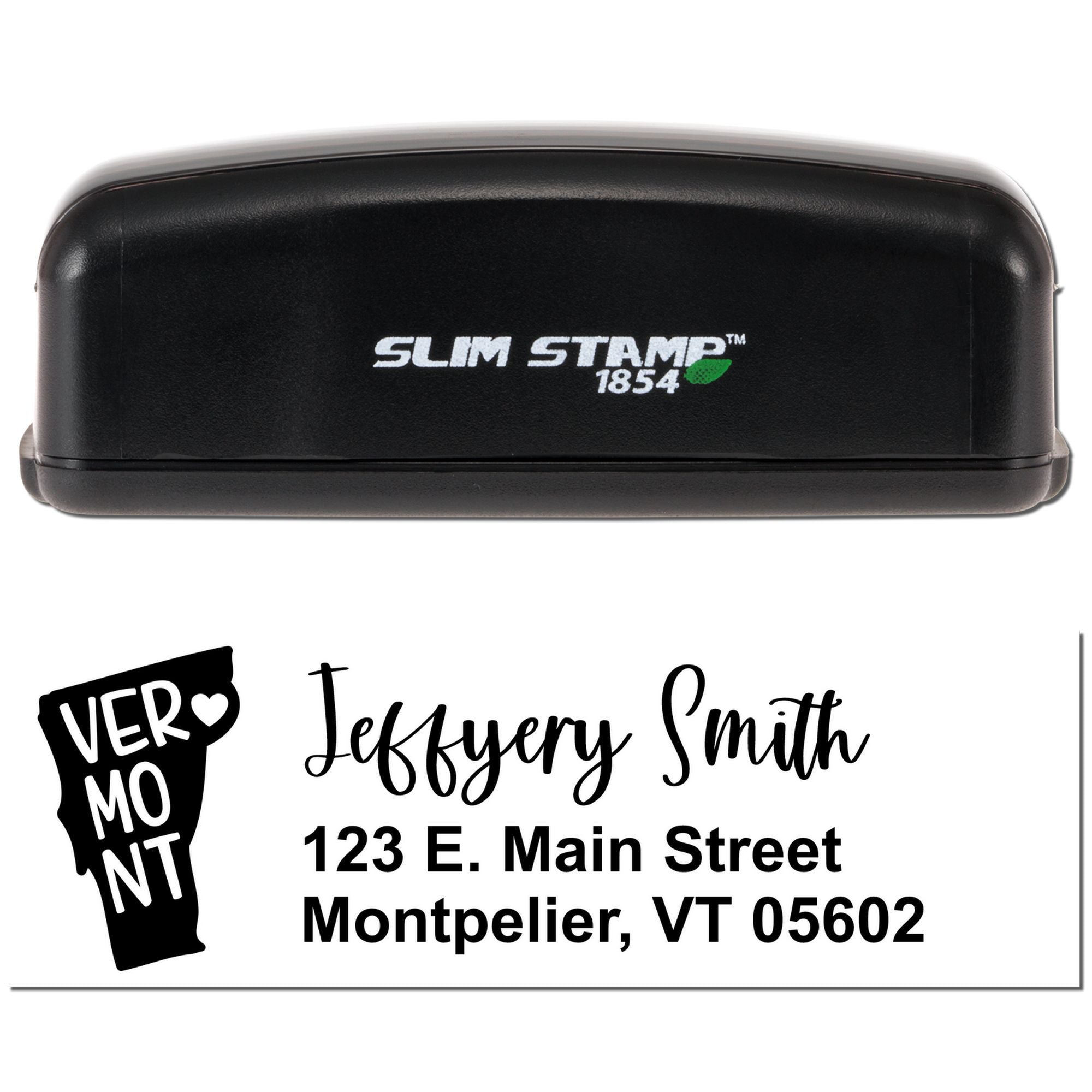 Custom Slim Stamp 1854 rubber address stamp with personalized name, Vermont design, and mailing address.