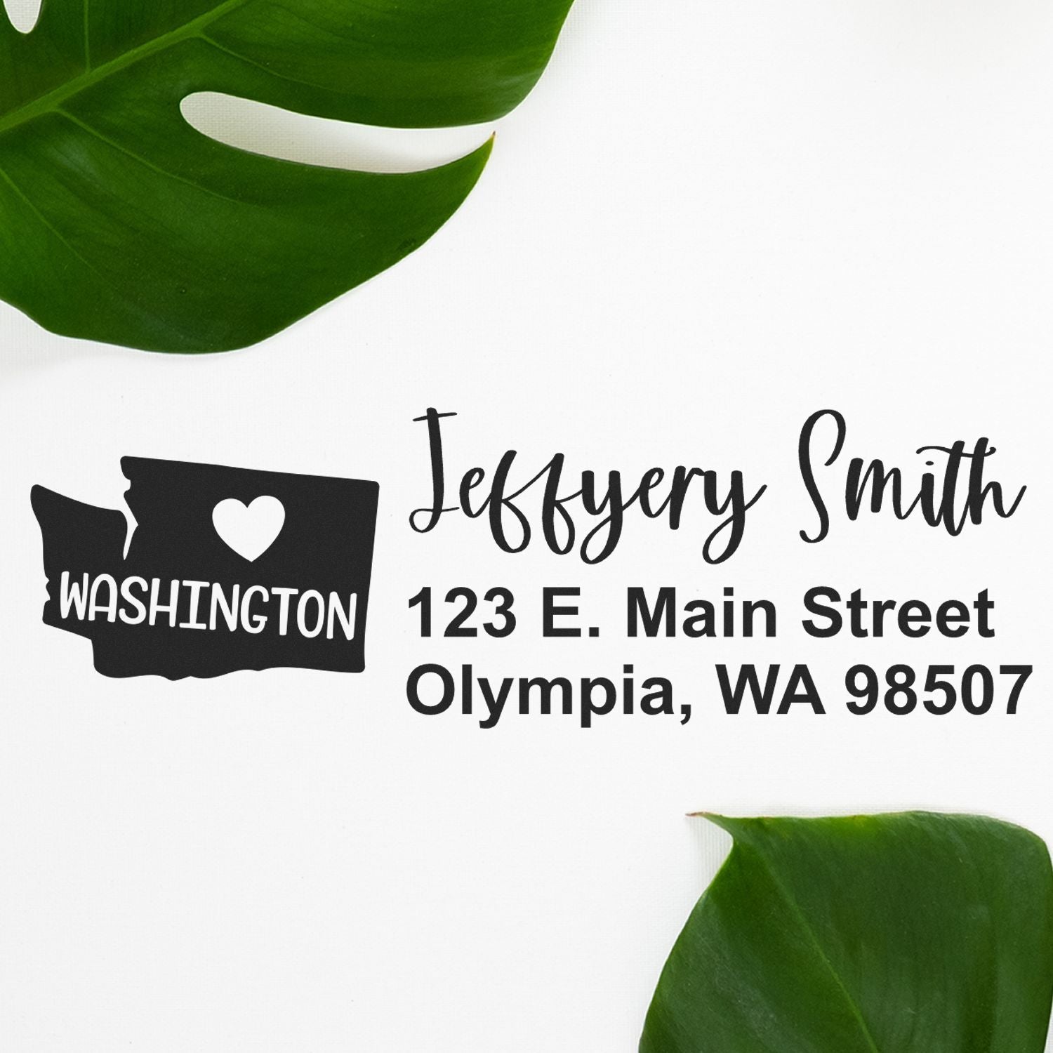 Custom Washington return address rubber stamp with Jeffery Smith, Olympia, WA address and state silhouette design.