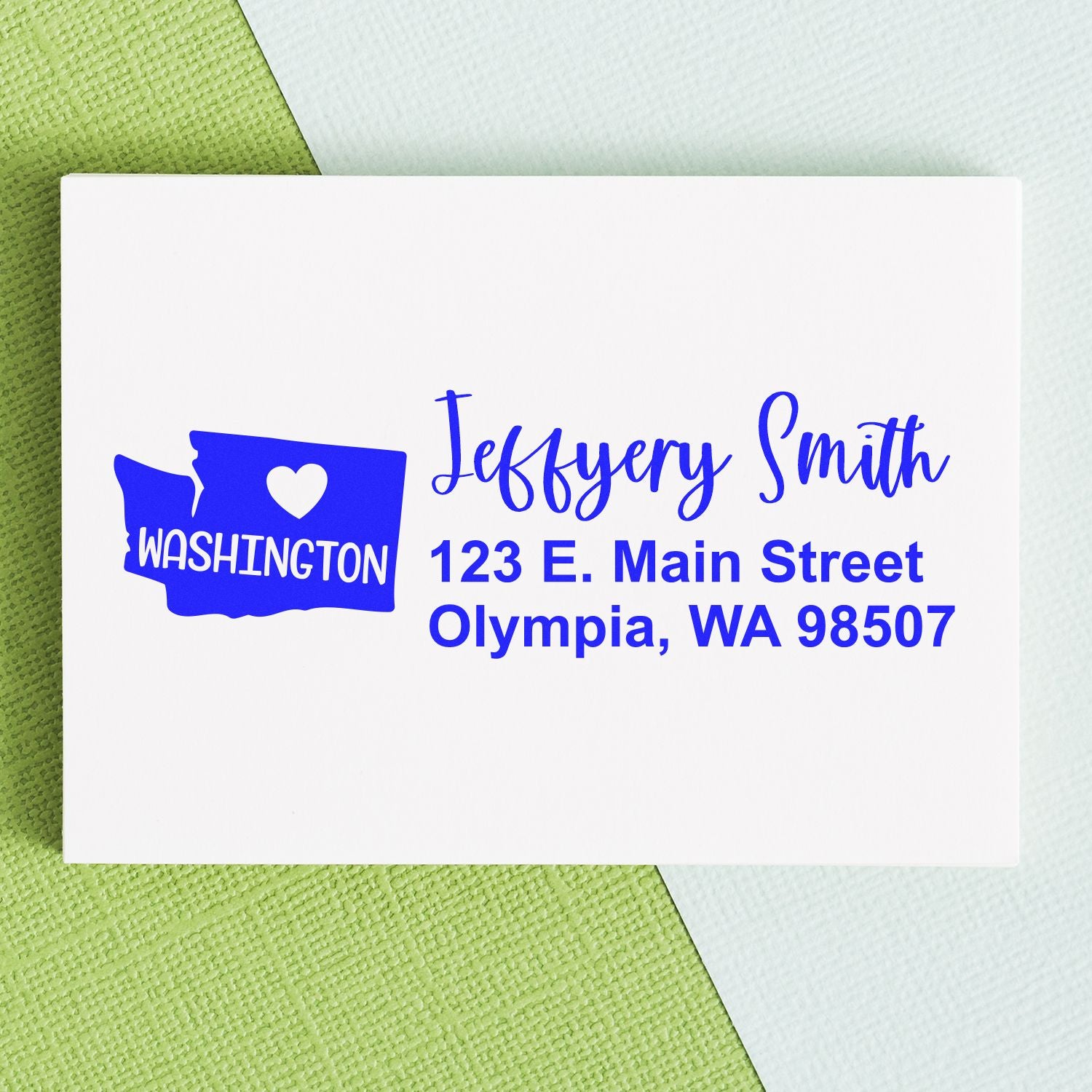 Custom Washington return address rubber stamp for Jeffery Smith, Olympia, WA mailing labels and envelopes.