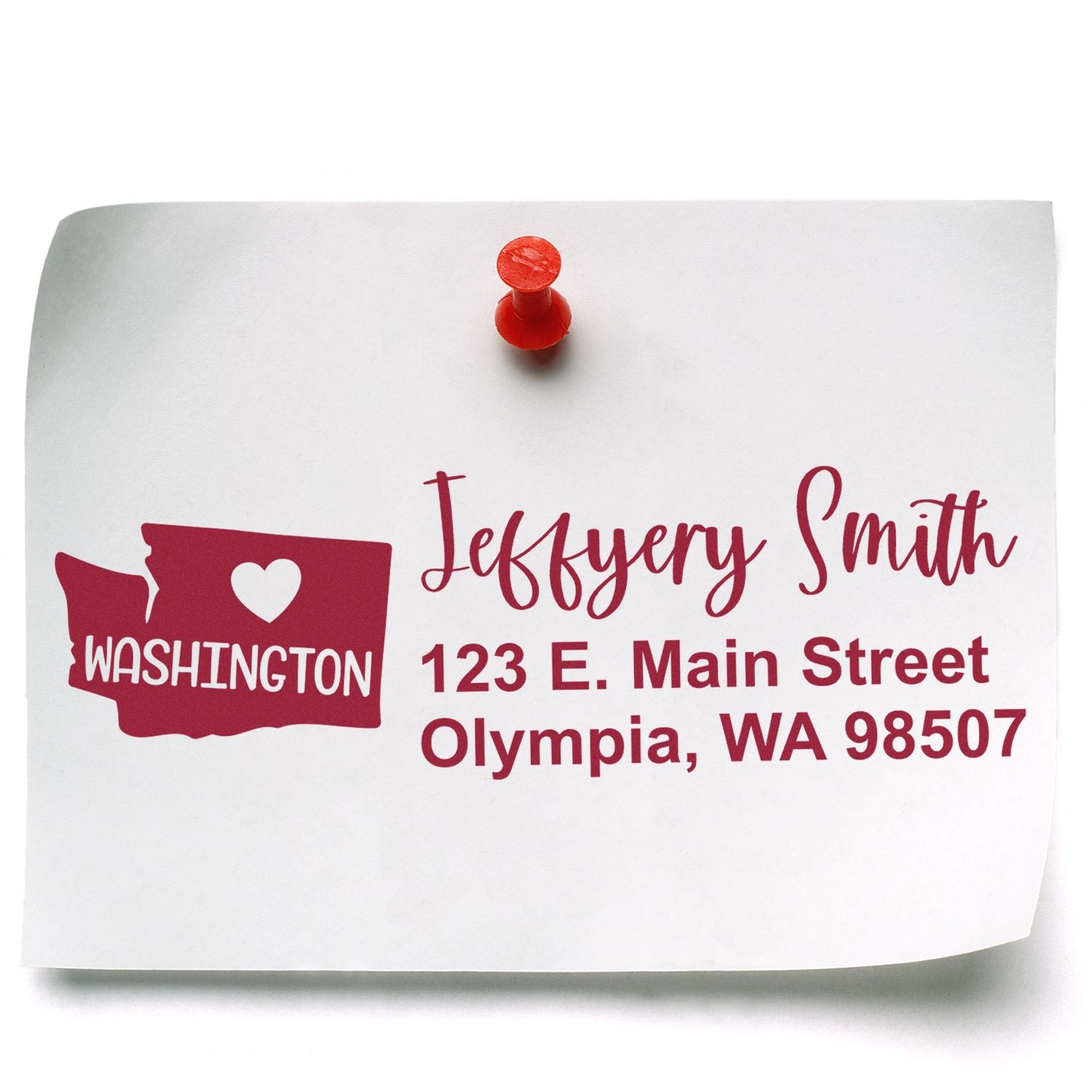 Personalized return address rubber stamp with Washington state icon for Jeffrey Smith, Olympia WA 98507