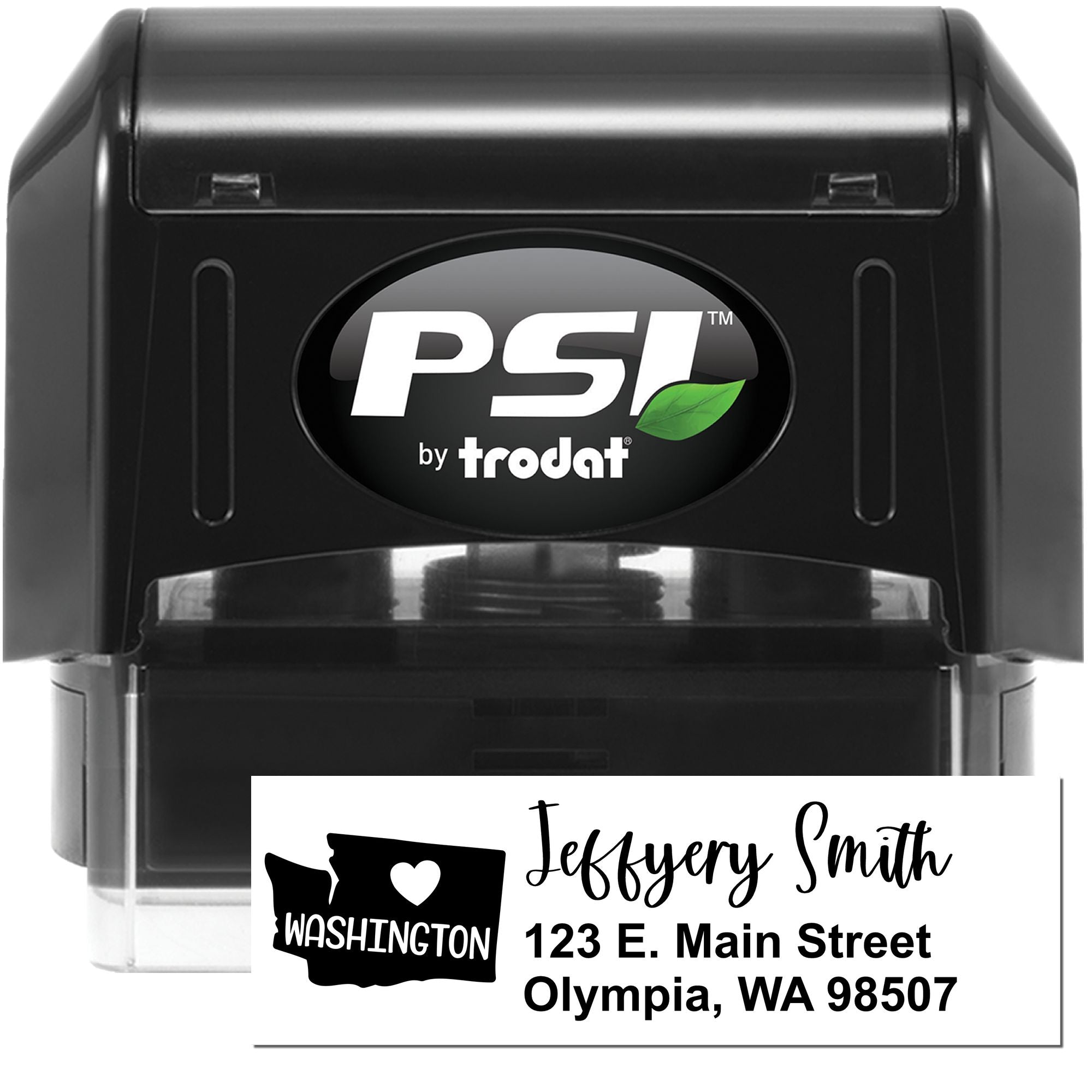 Custom self-inking rubber address stamp by PSI Trodat with Washington return address imprint for mail and business use