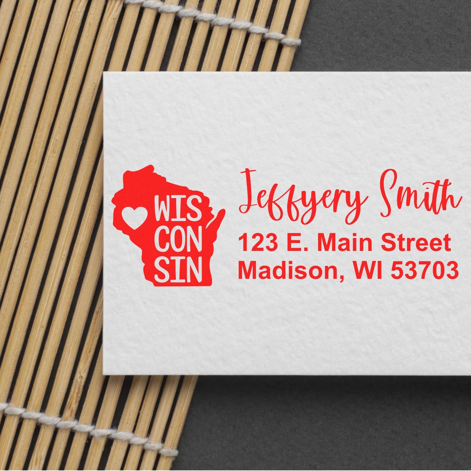 Custom Wisconsin return address rubber stamp with name and Madison, WI address