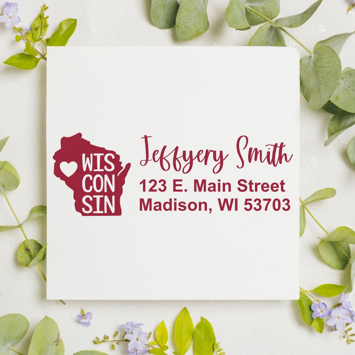 Personalized Wisconsin return address rubber stamp featuring state icon, name, and mailing address.