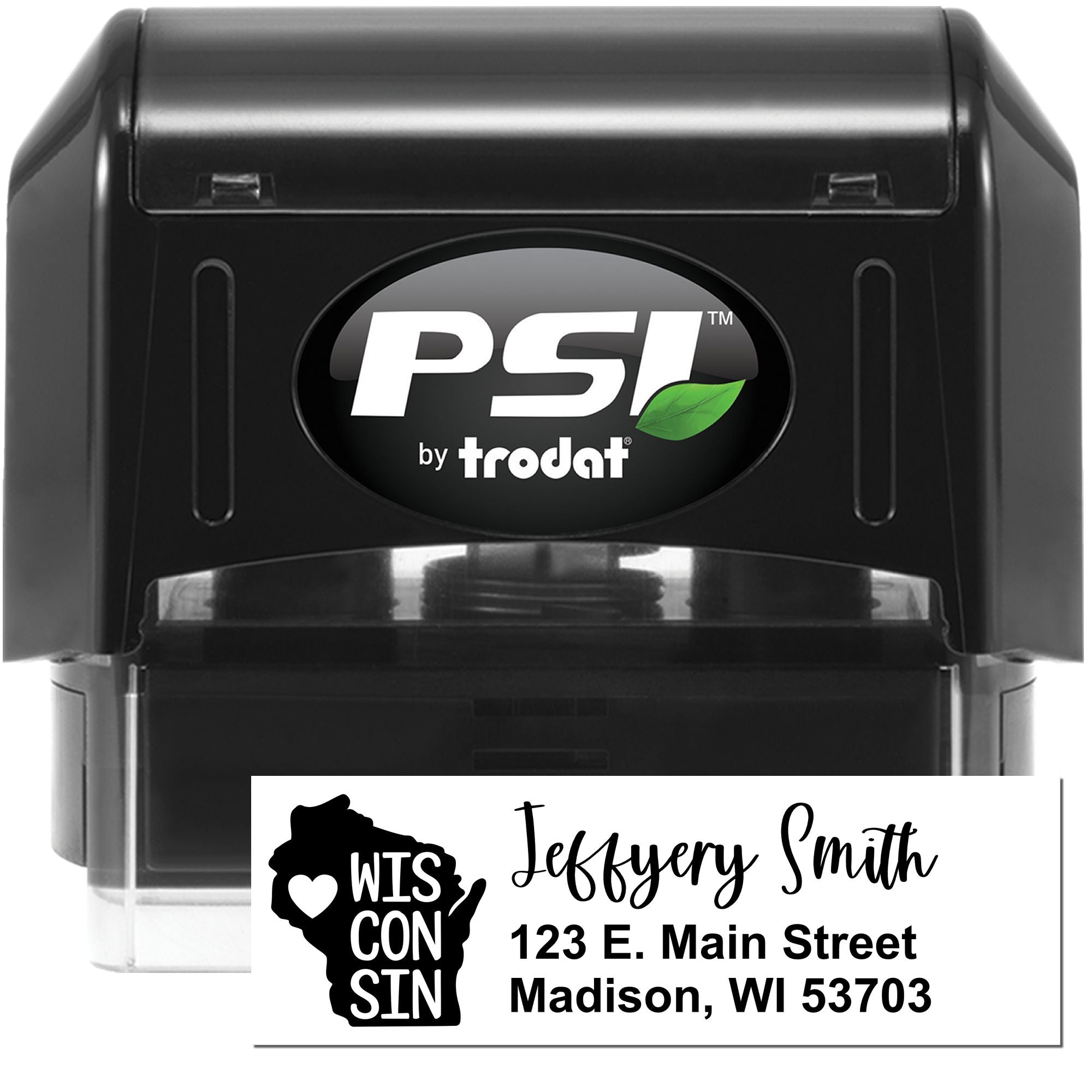 PSI by Trodat self-inking rubber stamp with custom return address imprint and Wisconsin state design for mailing.
