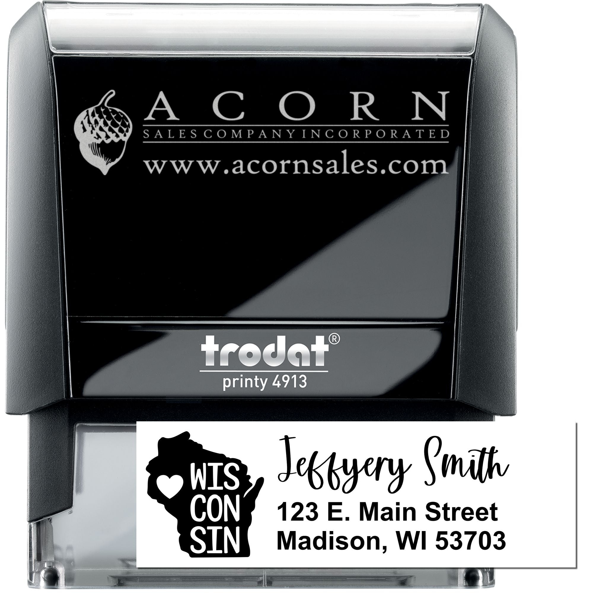Custom self-inking rubber stamp with logo and personalized address imprint for business branding and mailing.