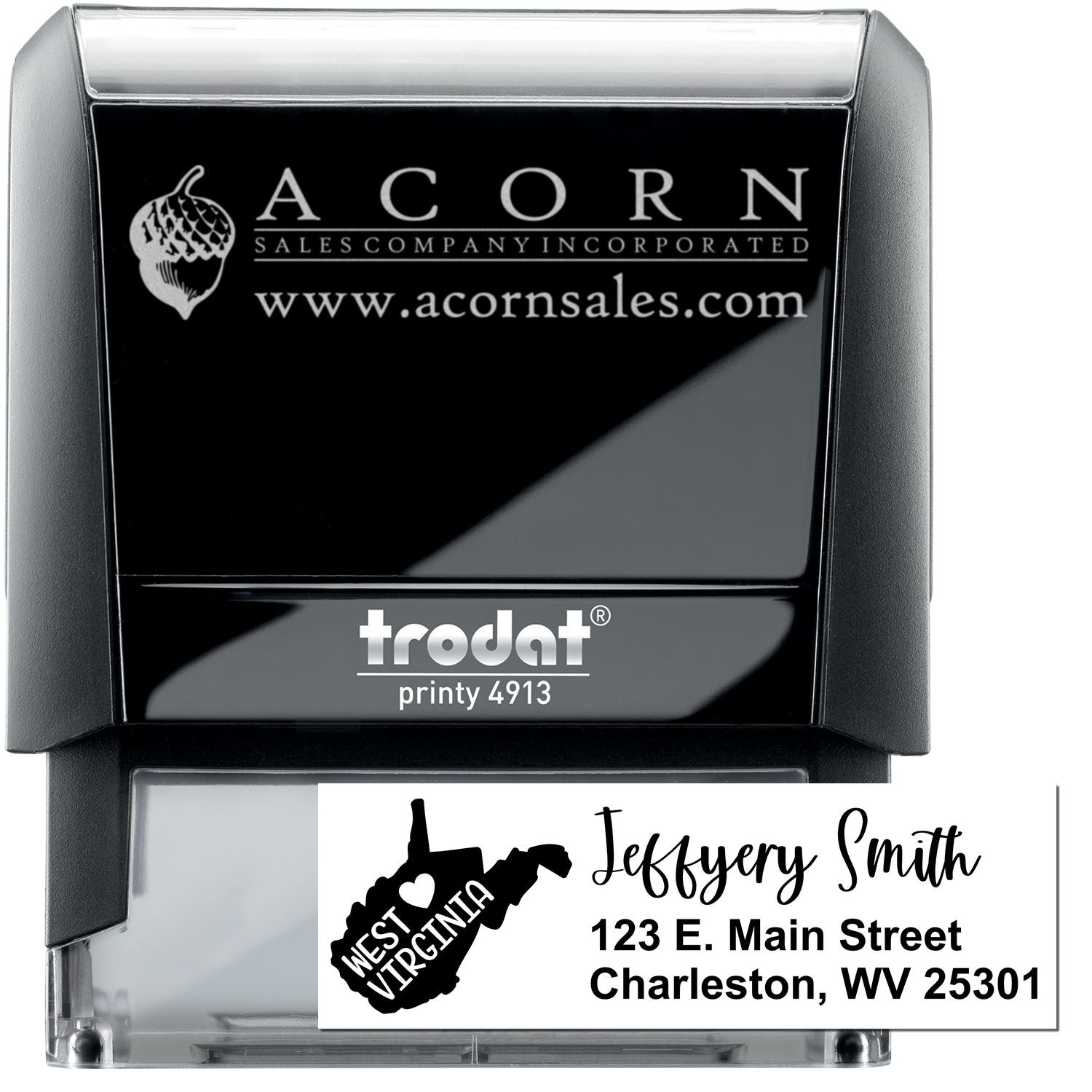 Custom self-inking rubber stamp, Trodat Printy 4913, with logo and business address imprint example.