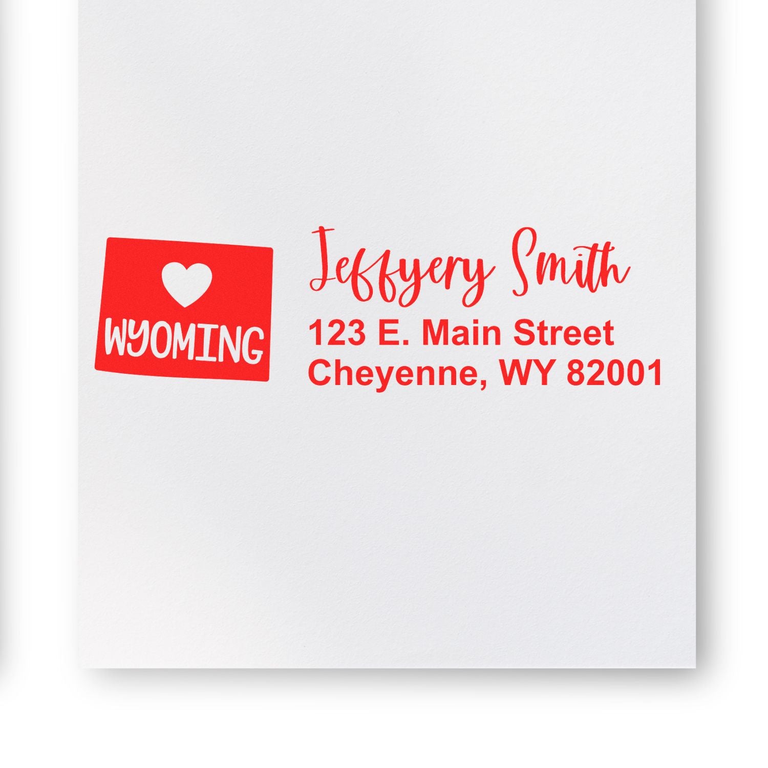 Custom Wyoming return address rubber stamp with heart icon, personalized for Jeffery Smith, Cheyenne, WY.