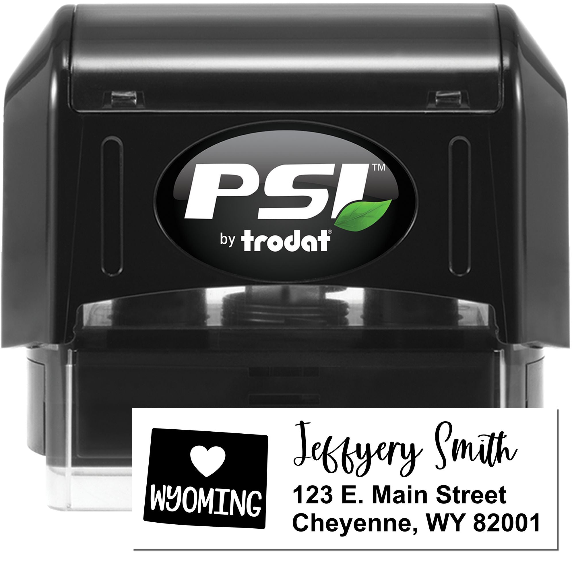 PSI by Trodat self-inking custom address rubber stamp with Wyoming state design and name-and-address imprint