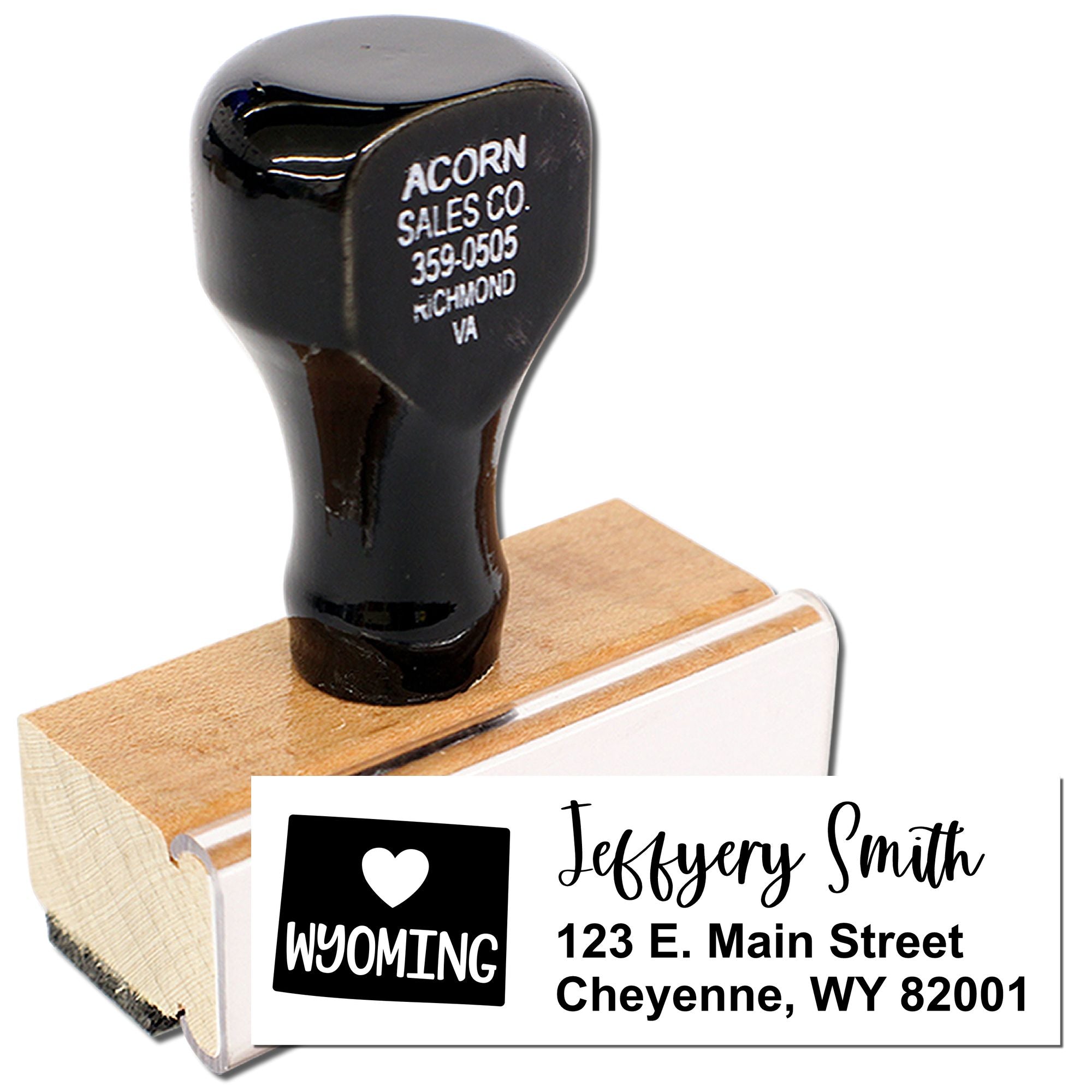 Custom rubber address stamp with Wyoming logo, Jeffery Smith name, and Cheyenne, WY return address.