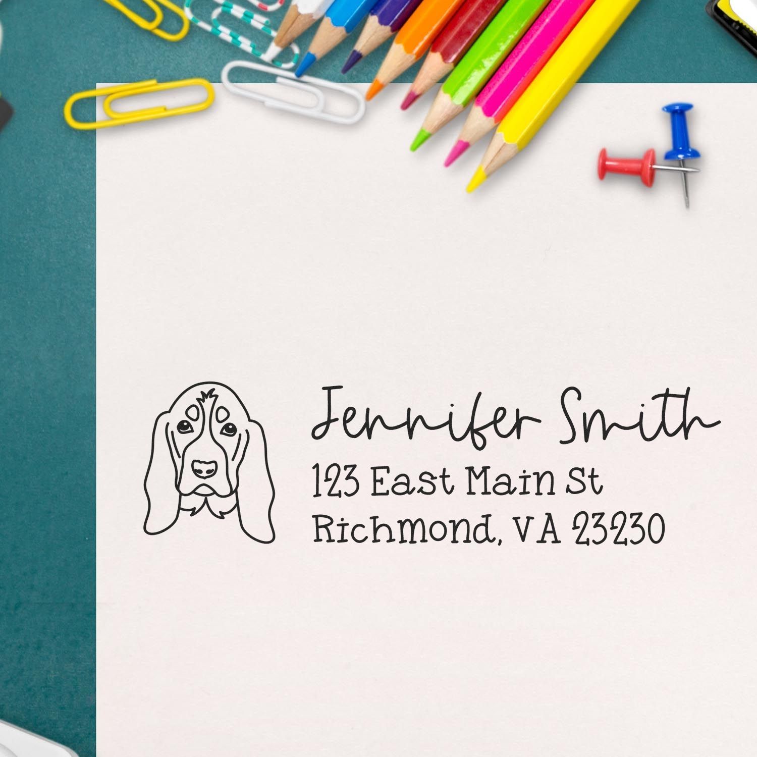 Personalized return address rubber stamp with dog illustration, featuring Jennifer Smith and Richmond, VA mailing details.
