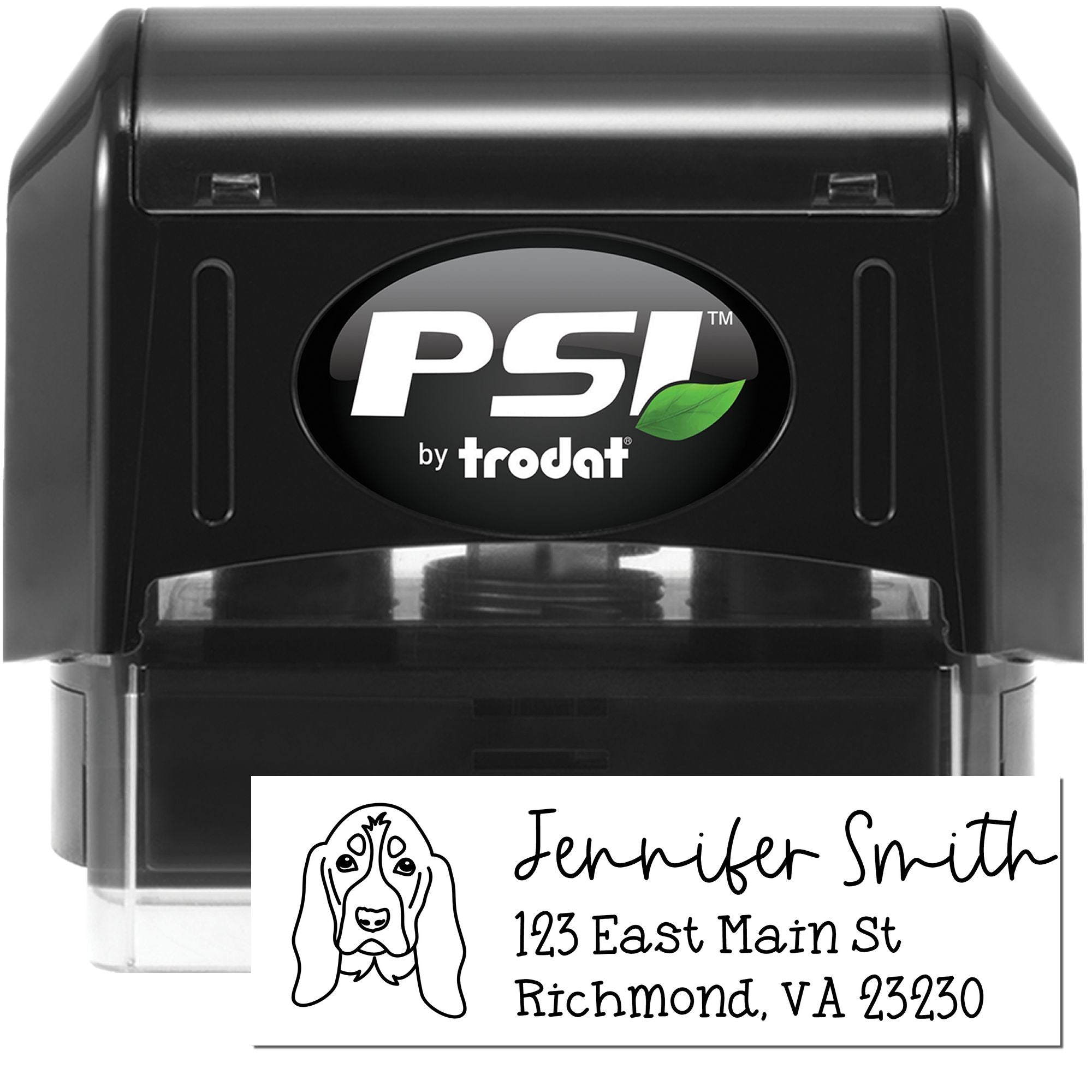 PSI by Trodat self-inking custom address rubber stamp with dog illustration and sample return address imprint.