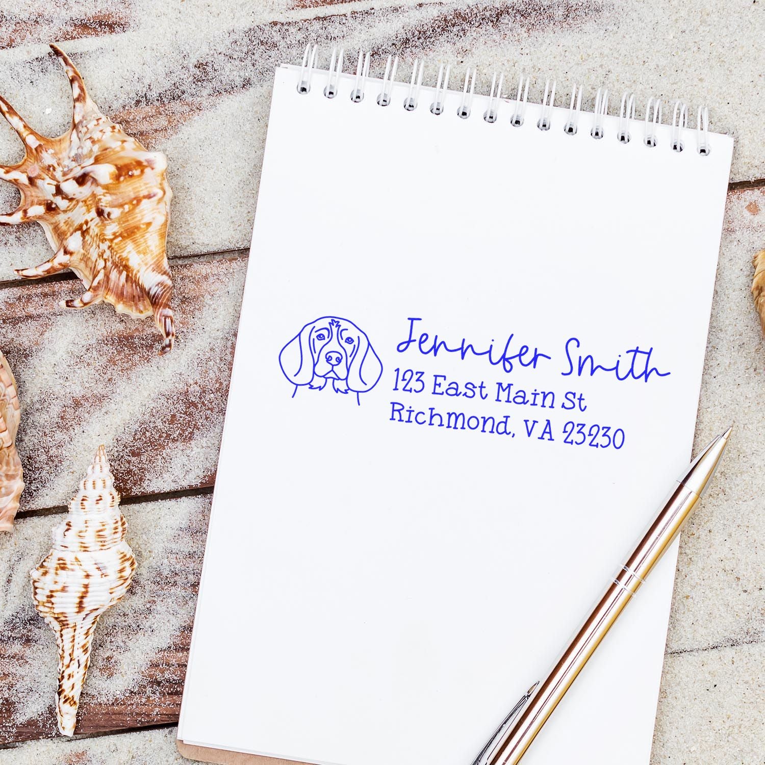Custom dog return address rubber stamp impression on a notebook, perfect for personalized pet lover stationery and mailing.