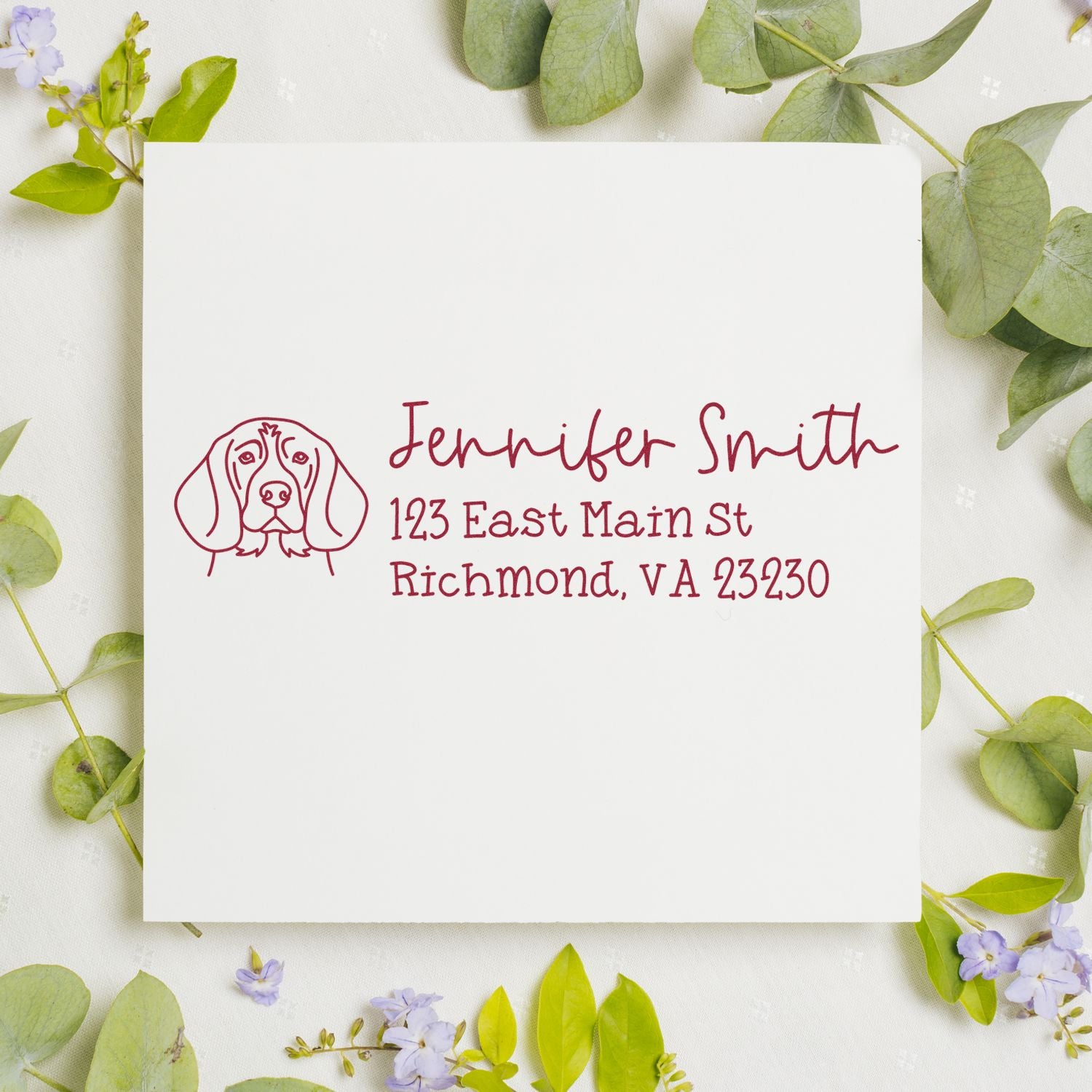 Custom dog return address rubber stamp with Jennifer Smith name and Richmond, VA 23230 address.