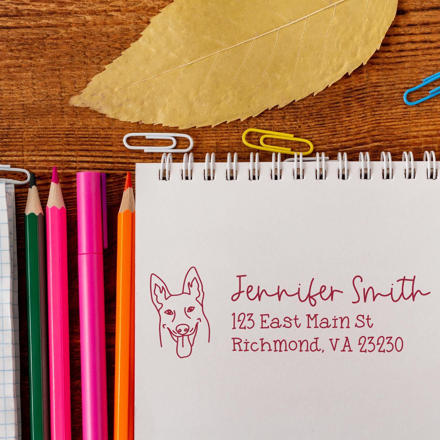 Custom return address rubber stamp with dog illustration, designed for personalized mailing and pet lover stationery.