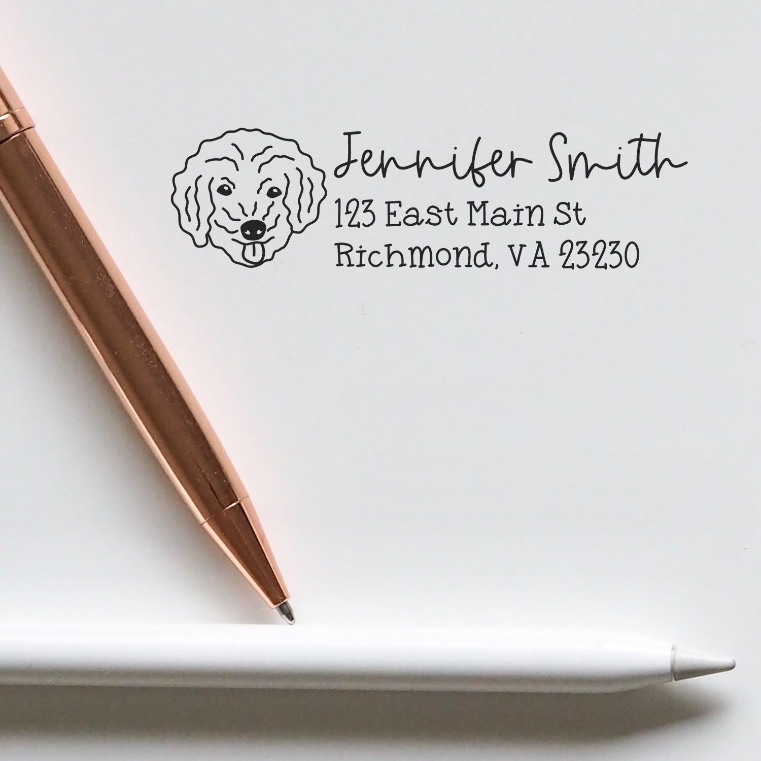 Personalized dog address rubber stamp with Jennifer Smith name and Richmond, VA mailing address.