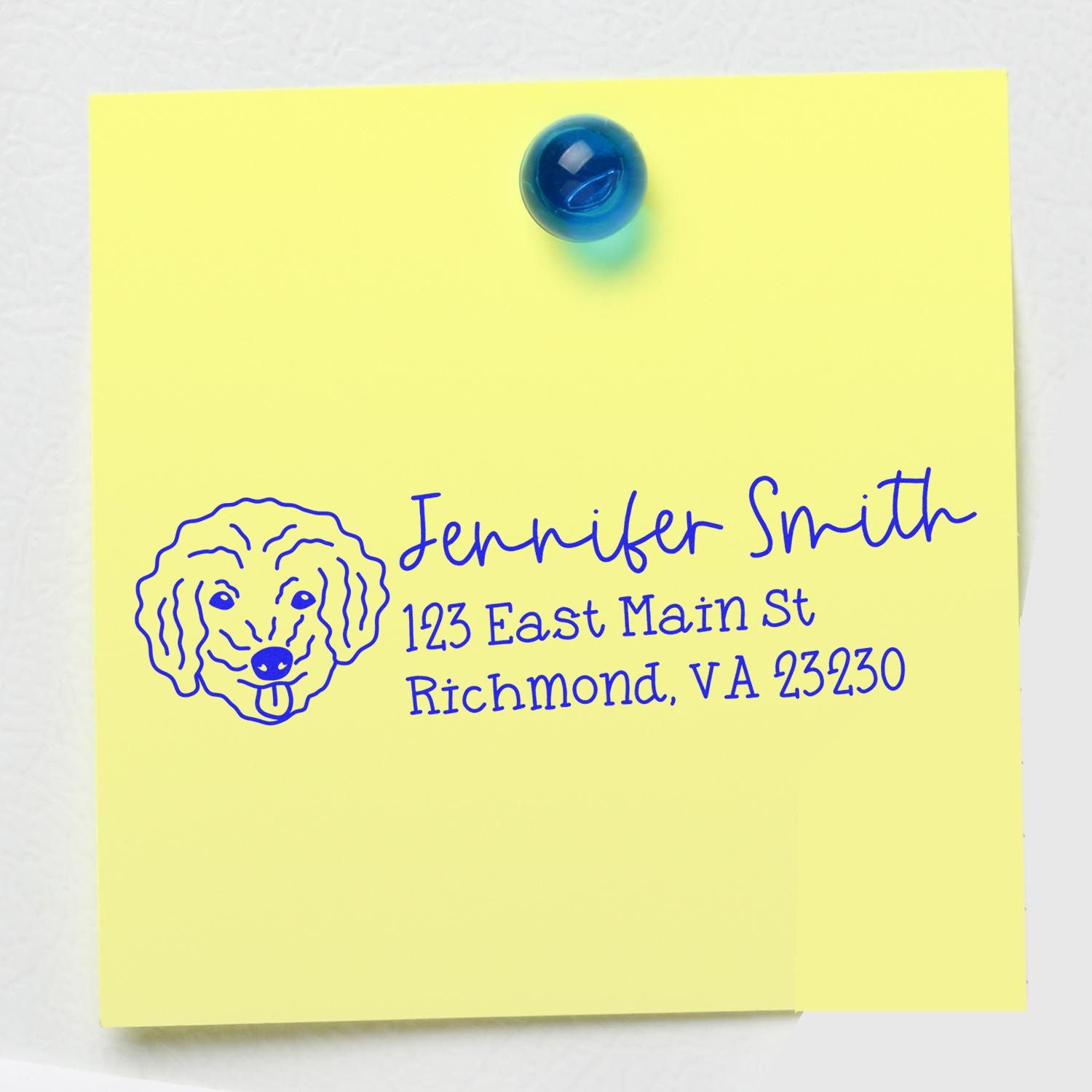 Personalized dog-themed return address rubber stamp for Jennifer Smith, Richmond, VA 23230.