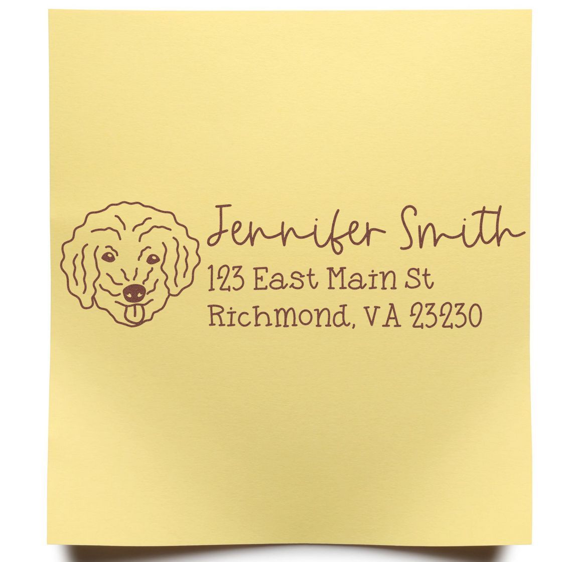 Custom rubber address stamp with dog portrait, featuring Jennifer Smith, 123 East Main St, Richmond, VA 23230.