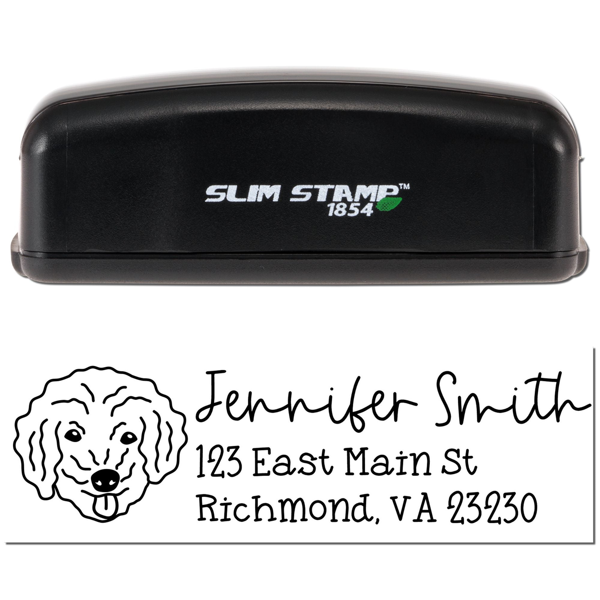 Custom rubber address stamp with dog logo, shown in Slim Stamp 1854 case and sample imprint for Jennifer Smith, Richmond VA 23230.