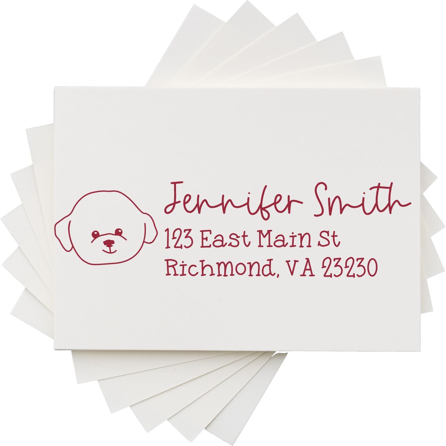 Custom return address rubber stamp with dog icon for Jennifer Smith, 123 East Main St, Richmond, VA 23230.