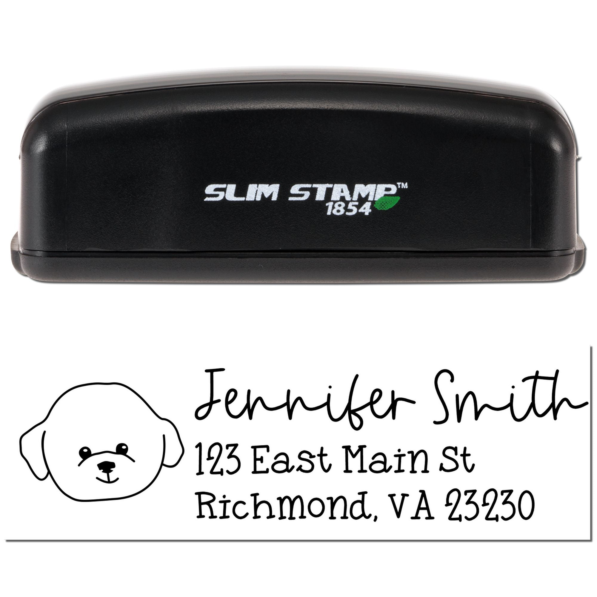 Custom address rubber stamp with dog logo, featuring Slim Stamp 1854 self-inking stamp and sample impression.