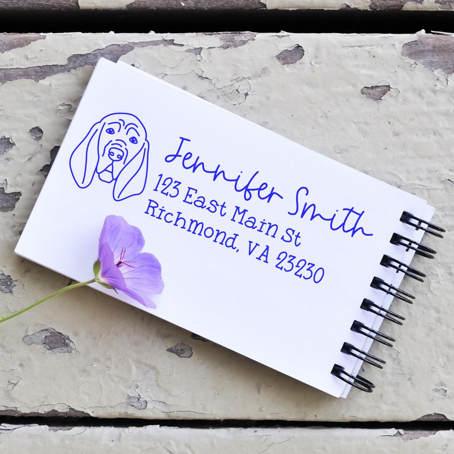 Personalized dog return address rubber stamp with pet portrait, name, and mailing address for envelopes.